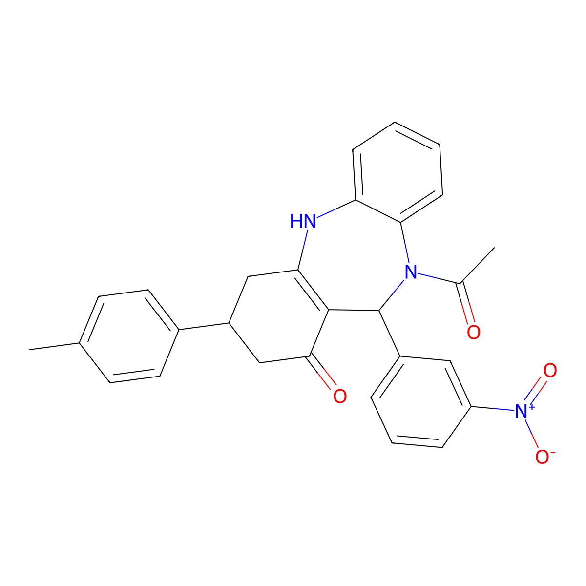 5-acetyl-9-(4-methylphenyl)-6-(3-nitrophenyl)-8,9,10,11-tetrahydro-6H-benzo[b][1,4]benzodiazepin-7-one molecular structure, CAS 438538-01-3