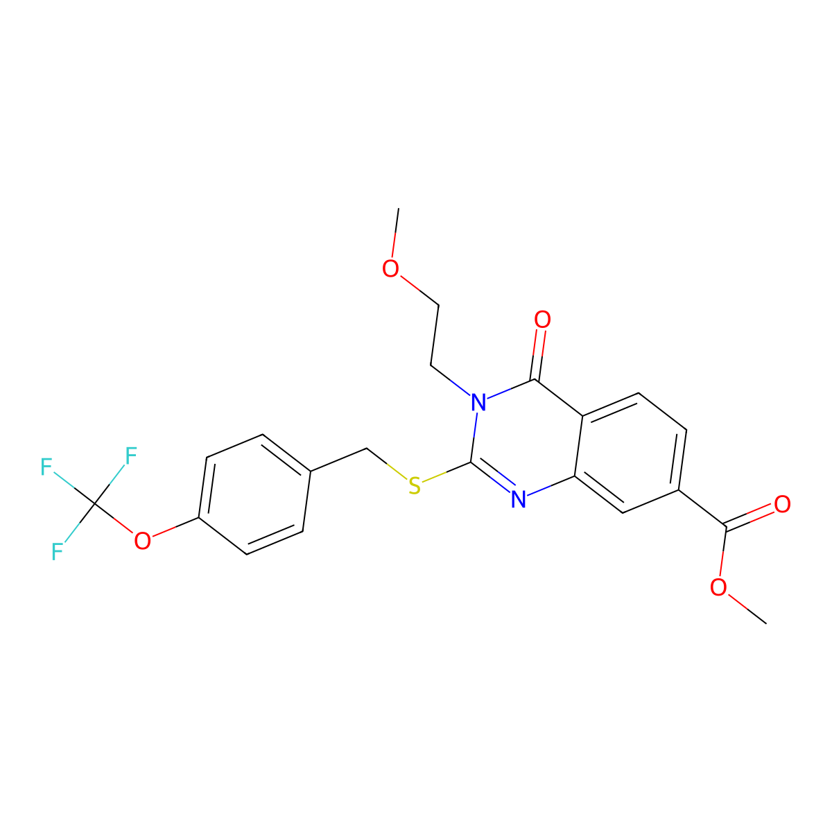 Methyl 3-(2-methoxyethyl)-4-oxo-2-[[4-(trifluoromethoxy)phenyl]methylsulfanyl]quinazoline-7-carboxylate molecular structure, CAS 438574-60-8
