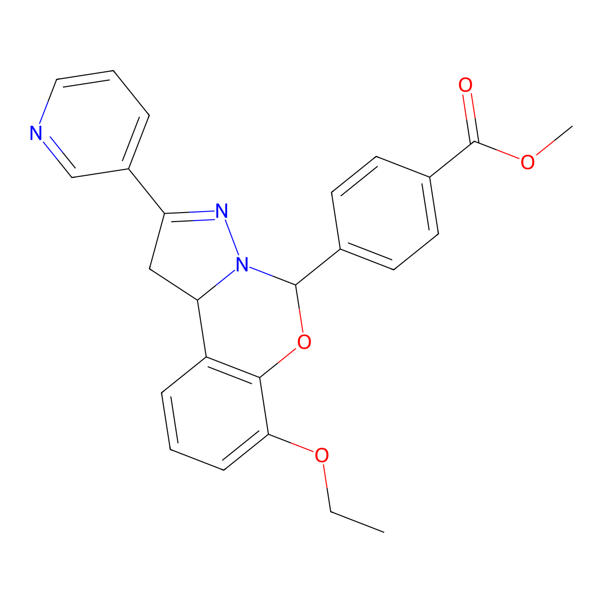 methyl 4-(7-ethoxy-2-pyridin-3-yl-5,10b-dihydro-1H-pyrazolo[1,5-c][1,3]benzoxazin-5-yl)benzoate molecular structure, CAS 438575-63-4