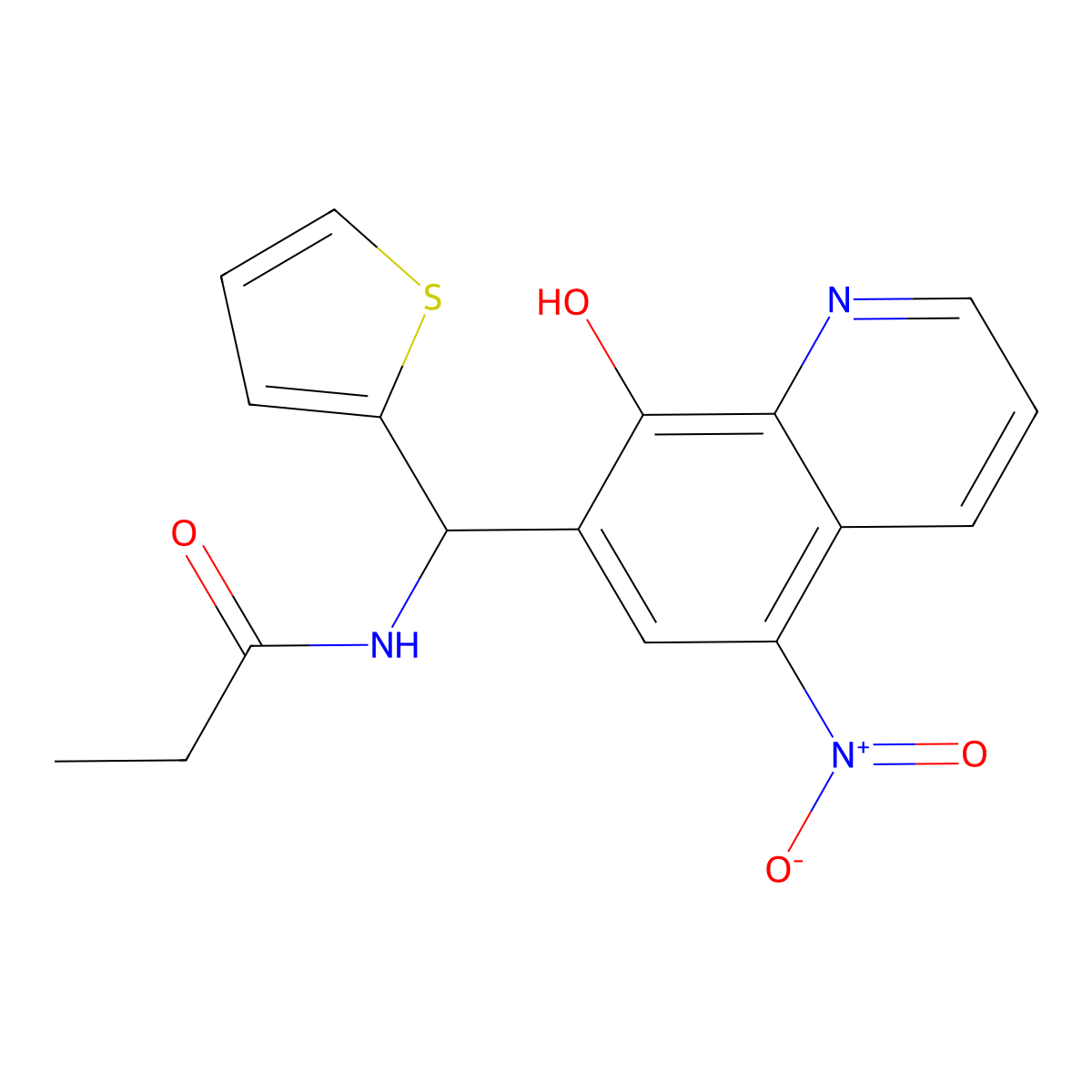 N-[(8-Hydroxy-5-nitro-quinolin-7-yl)-thiophen-2-yl-methyl]-propionamide molecular structure, CAS 438575-88-3