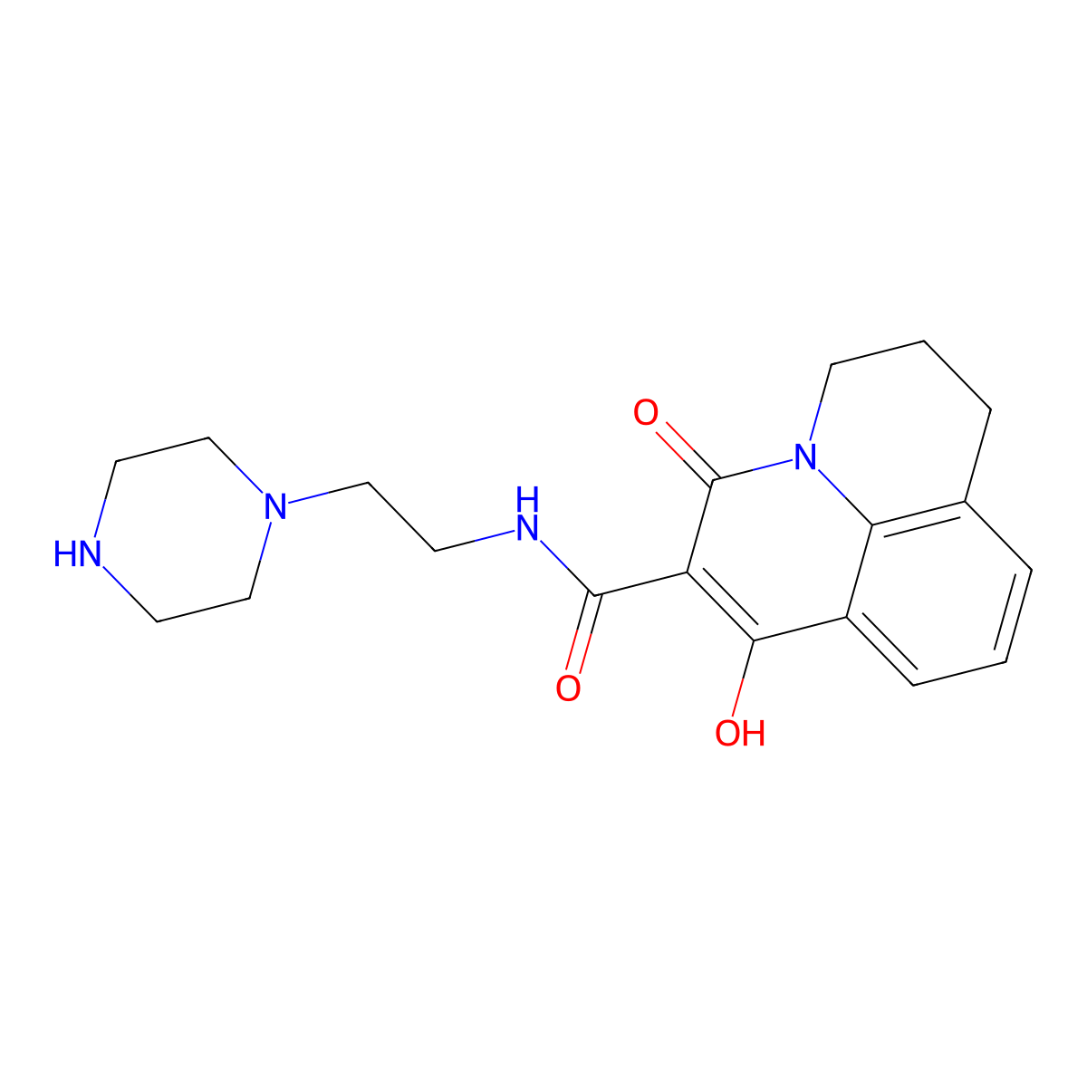 4-hydroxy-2-oxo-N-(2-piperazin-1-ylethyl)-1-azatricyclo[7.3.1.05,13]trideca-3,5,7,9(13)-tetraene-3-carboxamide molecular structure, CAS 438575-90-7
