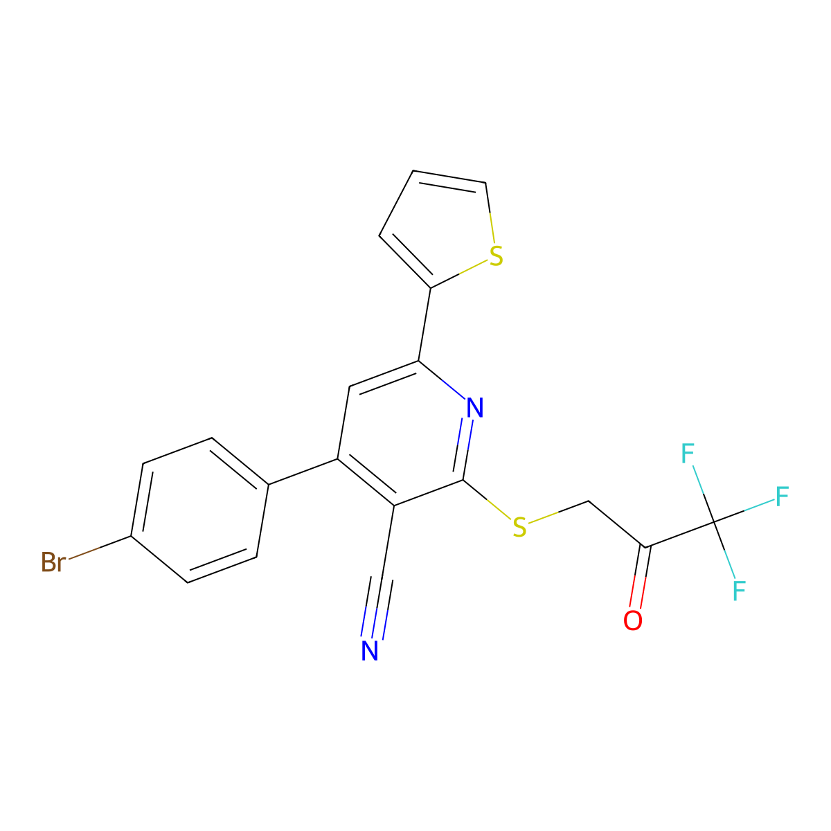 4-(4-Bromophenyl)-6-thiophen-2-yl-2-(3,3,3-trifluoro-2-oxopropyl)sulfanylpyridine-3-carbonitrile molecular structure, CAS 438605-88-0