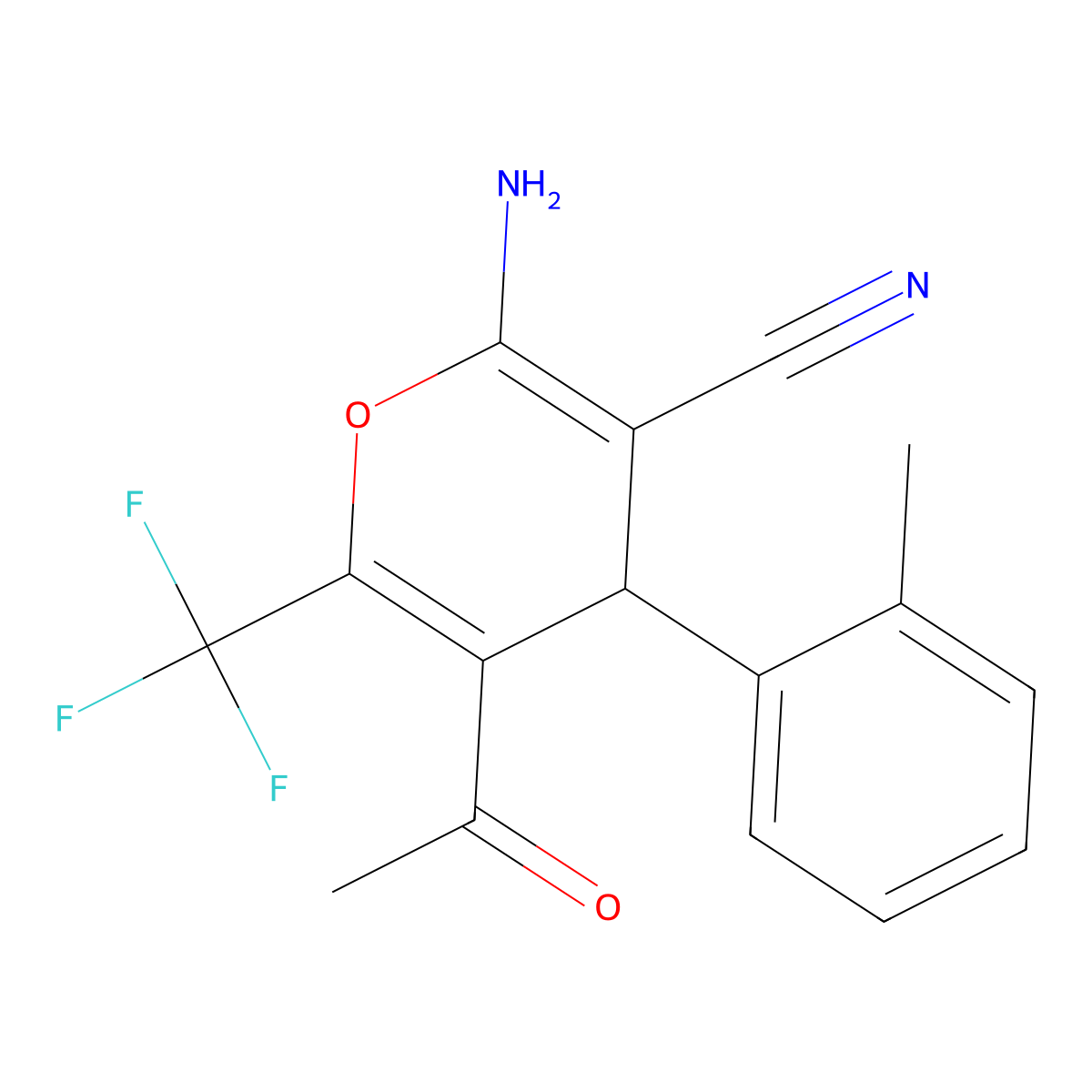 5-acetyl-2-amino-4-(2-methylphenyl)-6-(trifluoromethyl)-4H-pyran-3-carbonitrile molecular structure, CAS 438605-92-6