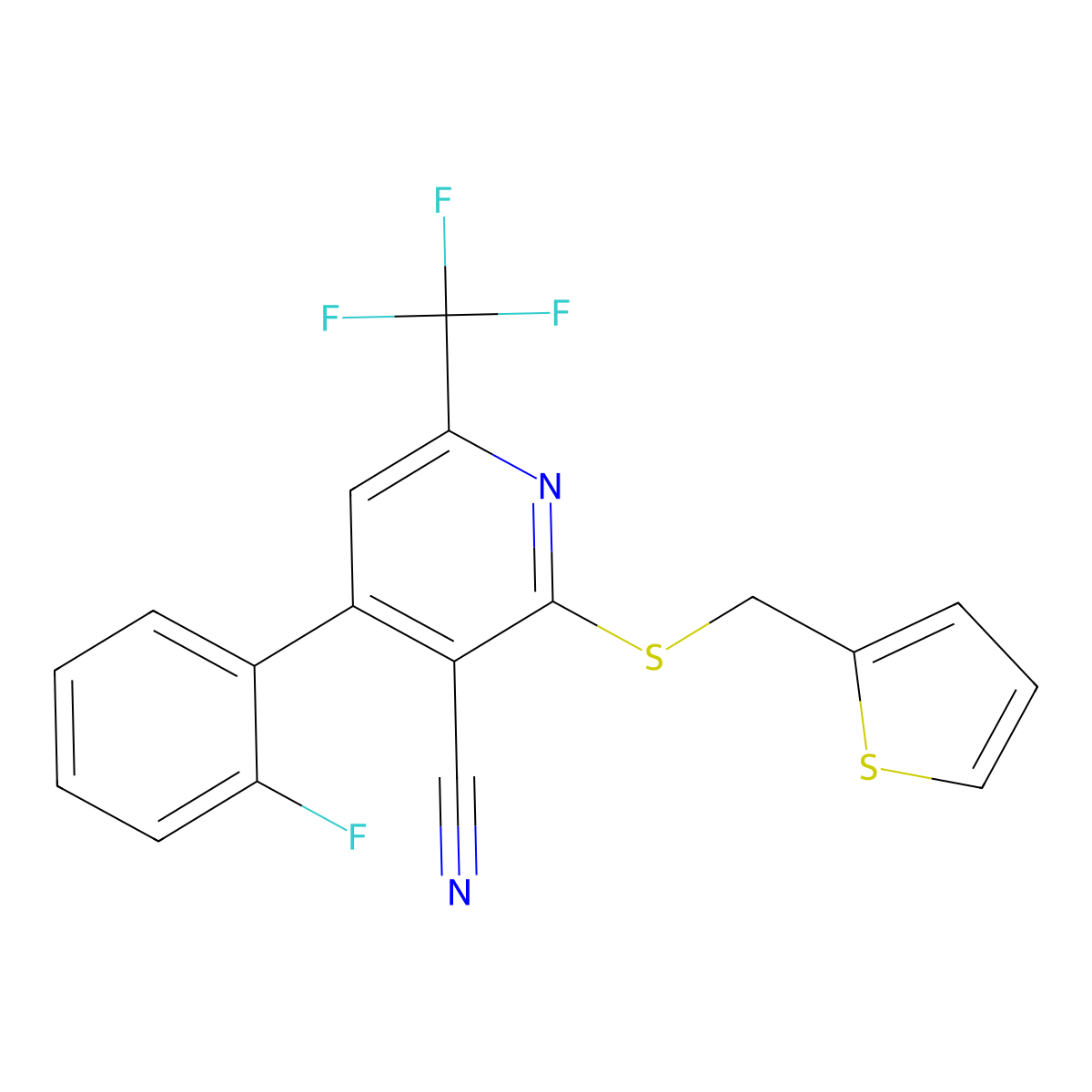 4-(2-Fluorophenyl)-2-(thiophen-2-ylmethylsulfanyl)-6-(trifluoromethyl)pyridine-3-carbonitrile molecular structure, CAS 438606-00-9