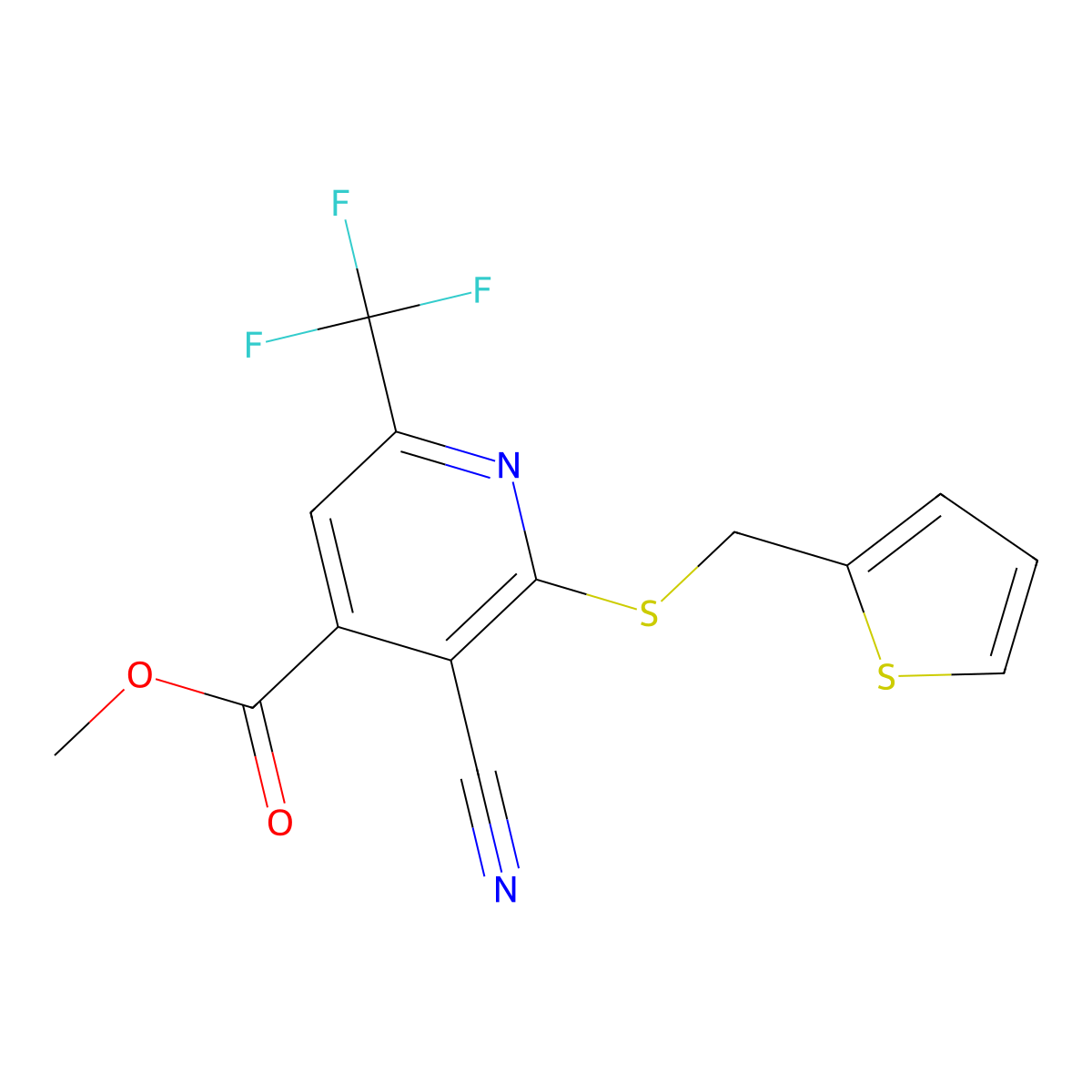 Methyl 3-cyano-2-[(2-thienylmethyl)sulfanyl]-6-(trifluoromethyl)isonicotinate molecular structure, CAS 438606-08-7