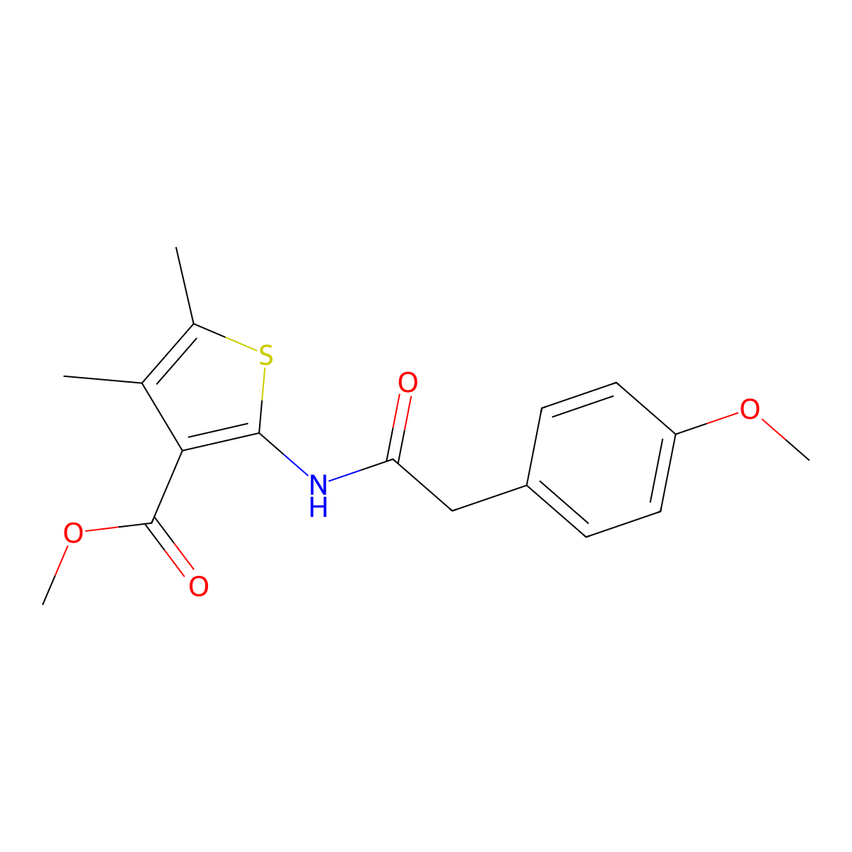 Methyl 2-(2-(4-methoxyphenyl)acetamido)-4,5-dimethylthiophene-3-carboxylate molecular structure, CAS 438612-39-6