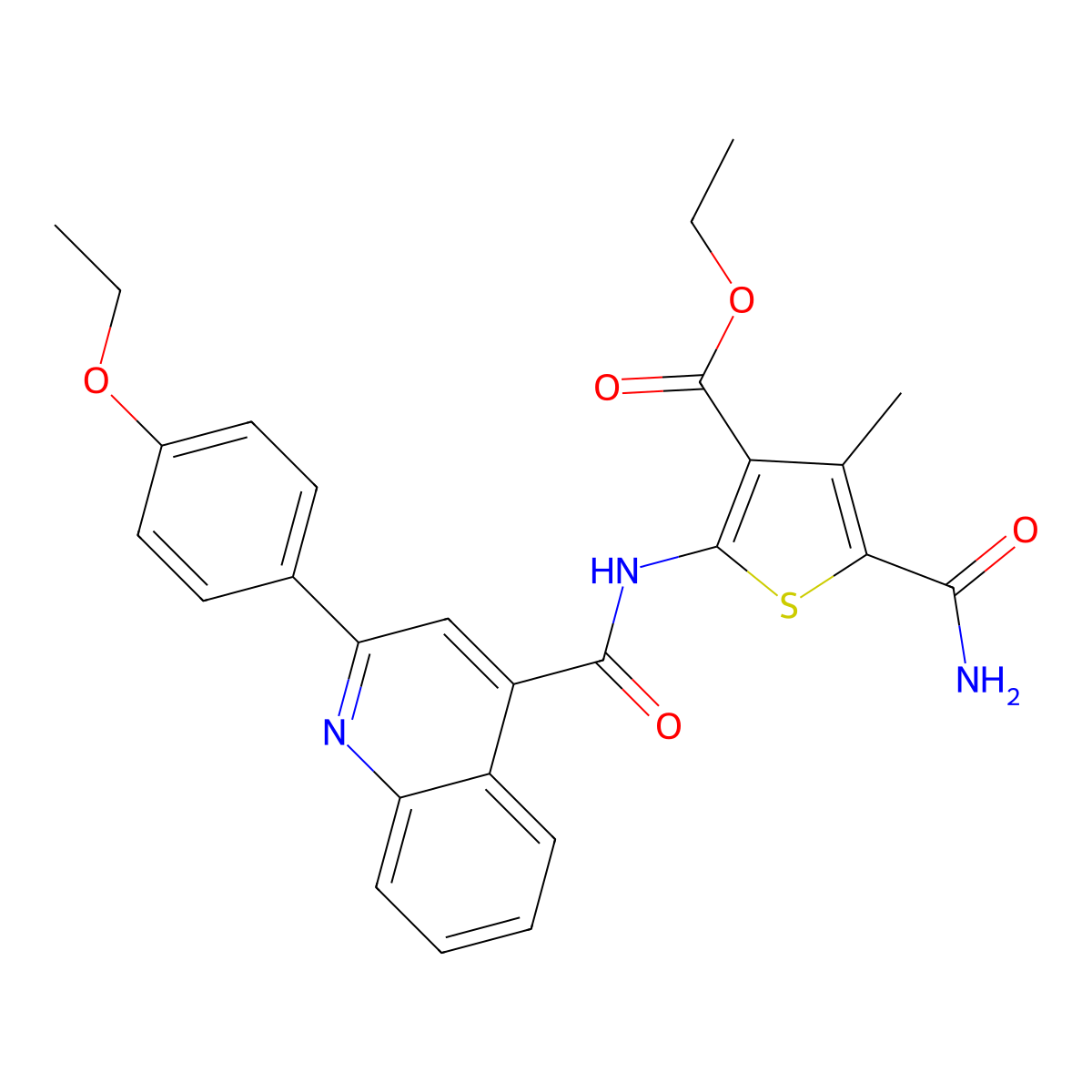 Ethyl 5-carbamoyl-2-[[2-(4-ethoxyphenyl)quinoline-4-carbonyl]amino]-4-methylthiophene-3-carboxylate molecular structure, CAS 438612-47-6