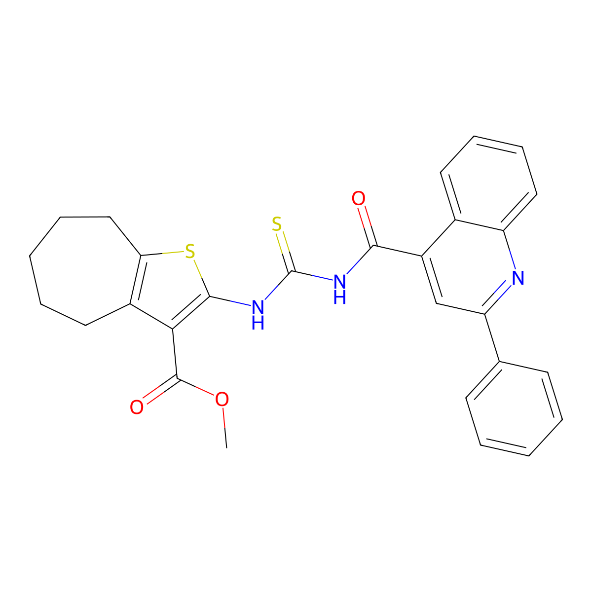 methyl 2-[(2-phenylquinoline-4-carbonyl)carbamothioylamino]-5,6,7,8-tetrahydro-4H-cyclohepta[b]thiophene-3-carboxylate molecular structure, CAS 438612-98-7