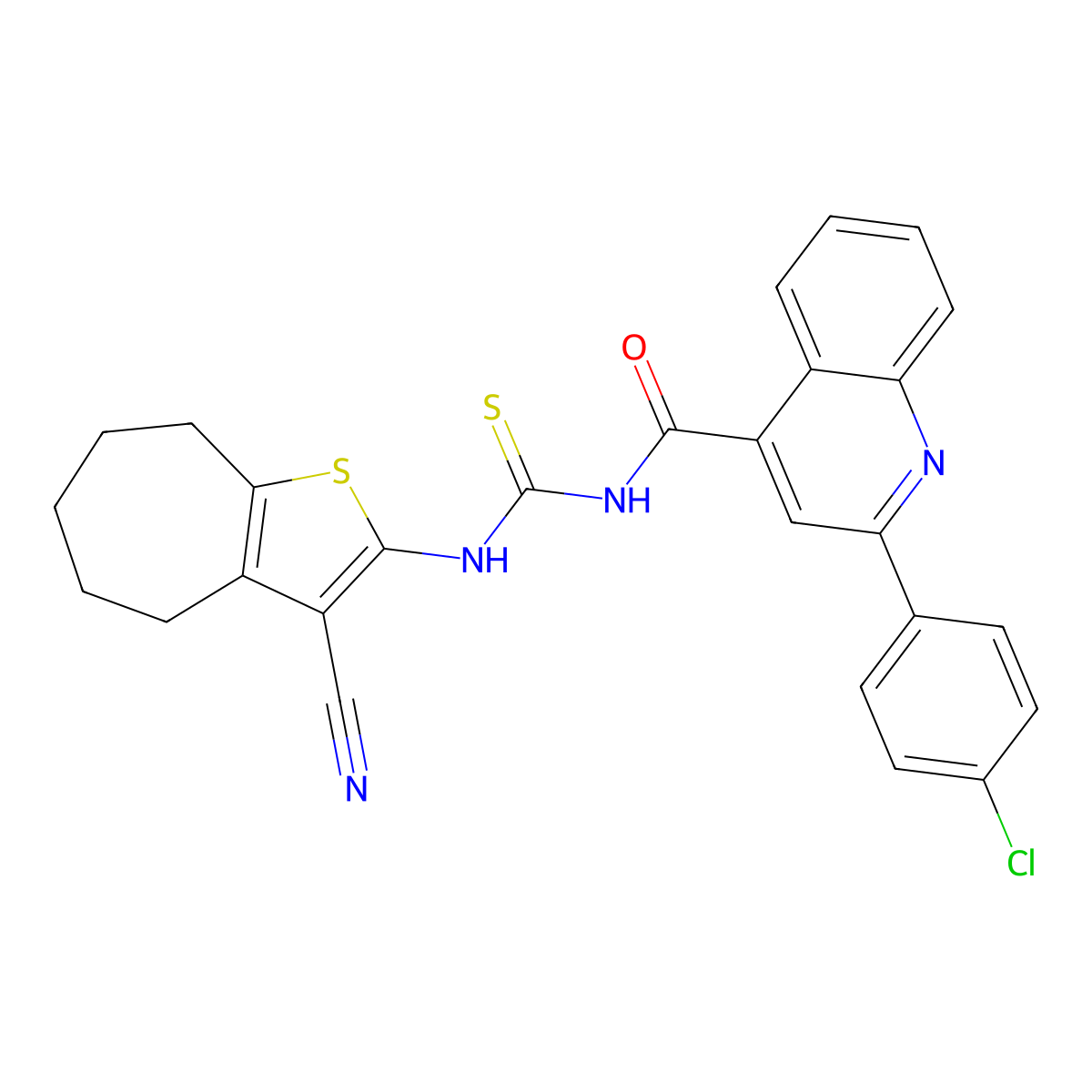 2-(4-chlorophenyl)-N-[(3-cyano-5,6,7,8-tetrahydro-4H-cyclohepta[b]thiophen-2-yl)carbamothioyl]quinoline-4-carboxamide molecular structure, CAS 438613-24-2