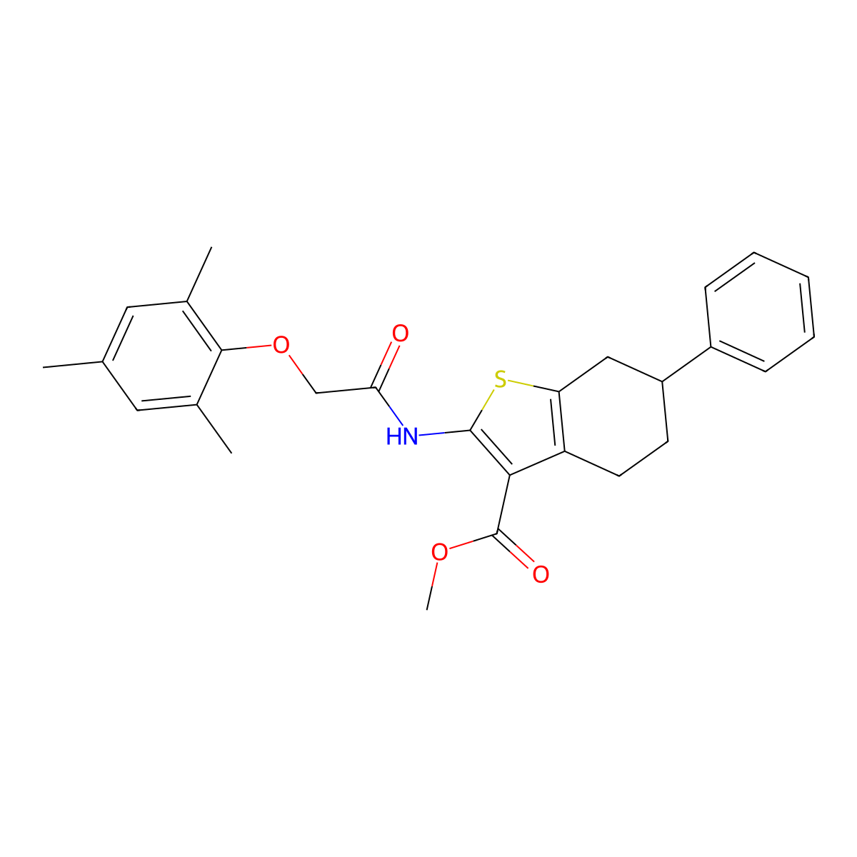 Methyl 2-{[(mesityloxy)acetyl]amino}-6-phenyl-4,5,6,7-tetrahydro-1-benzothiophene-3-carboxylate molecular structure, CAS 438613-39-9