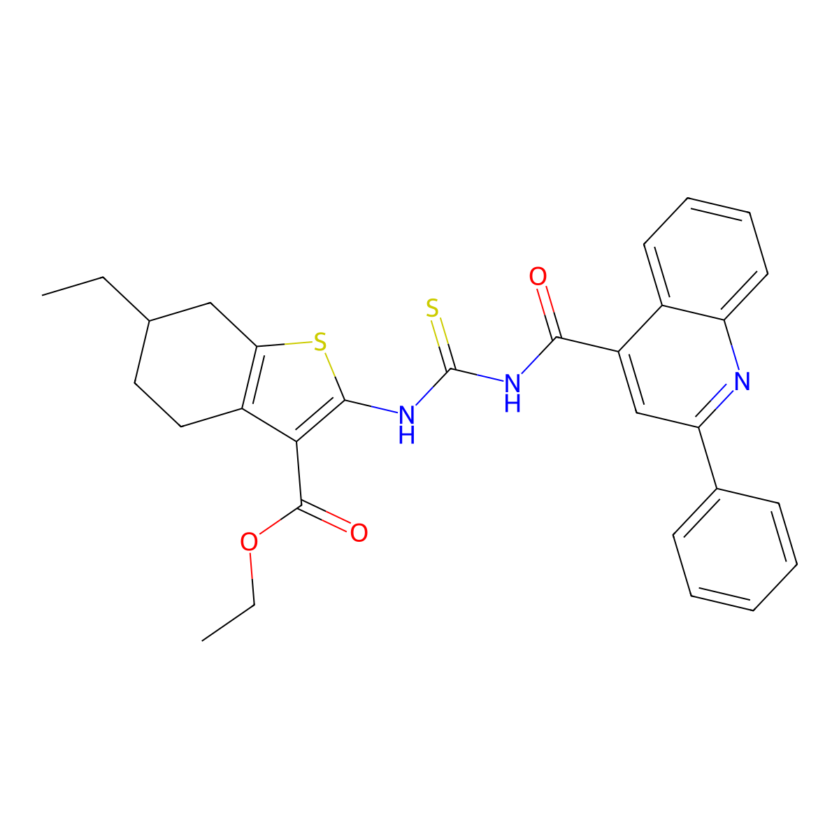 Ethyl 6-ethyl-4,5,6,7-tetrahydro-2-(((((2-phenyl-4-quinolinyl)carbonyl)amino)thioxomethyl)amino)benzo(b)thiophene-3-carboxylate molecular structure, CAS 438613-42-4