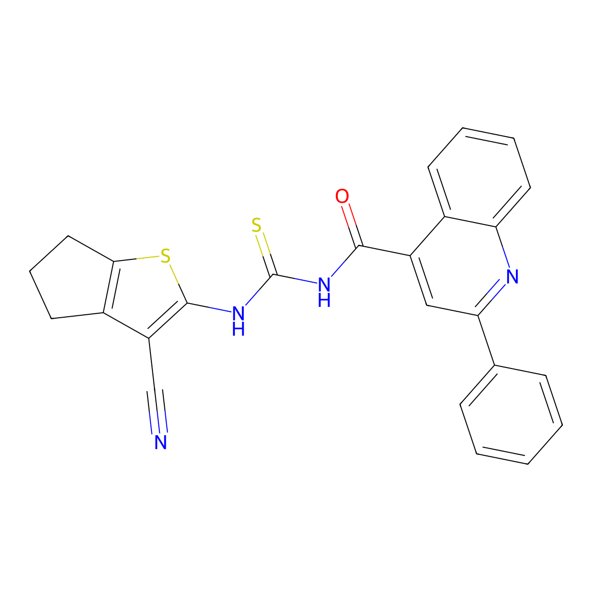 N-[(3-cyano-5,6-dihydro-4H-cyclopenta[b]thiophen-2-yl)carbamothioyl]-2-phenylquinoline-4-carboxamide molecular structure, CAS 438613-49-1