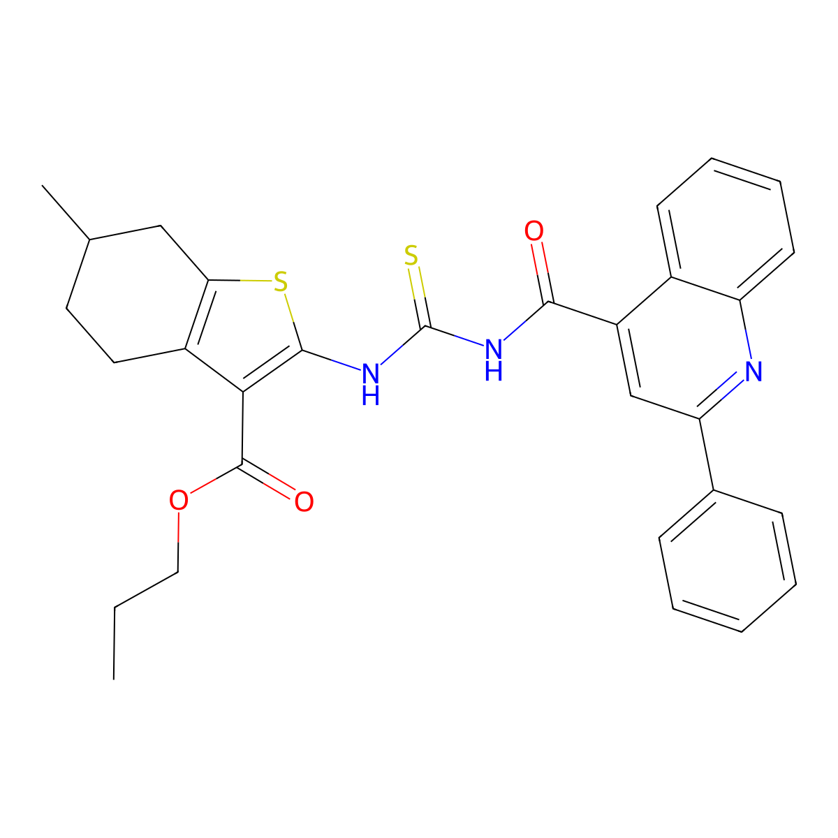 Propyl 6-methyl-2-[(2-phenylquinoline-4-carbonyl)carbamothioylamino]-4,5,6,7-tetrahydro-1-benzothiophene-3-carboxylate molecular structure, CAS 438613-66-2
