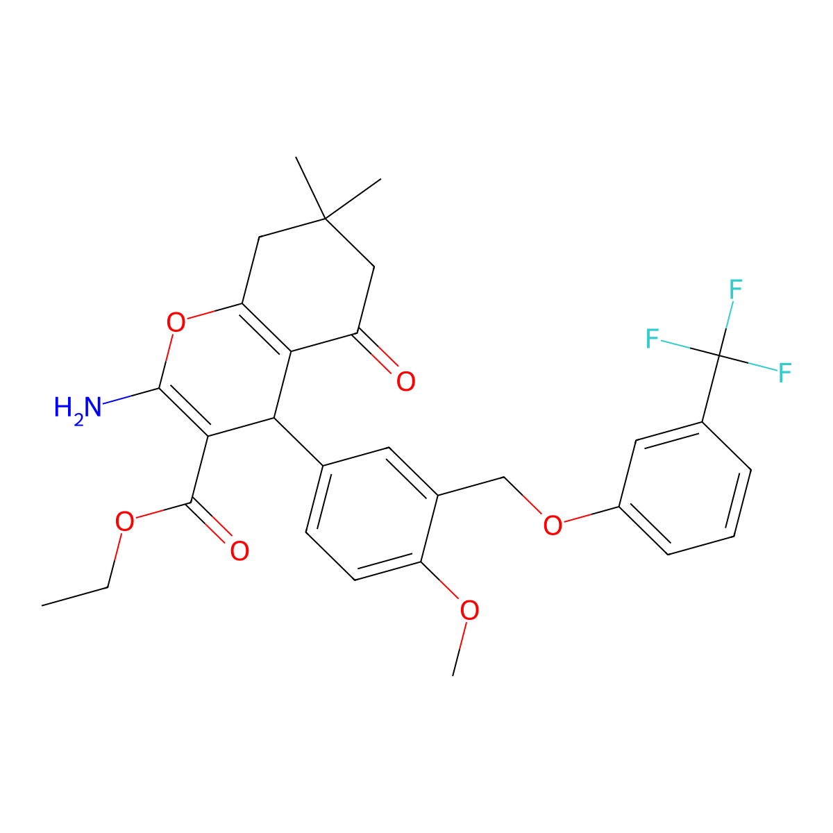 ethyl 2-amino-4-(4-methoxy-3-{[3-(trifluoromethyl)phenoxy]methyl}phenyl)-7,7-dimethyl-5-oxo-5,6,7,8-tetrahydro-4H-chromene-3-carboxylate molecular structure, CAS 438613-68-4