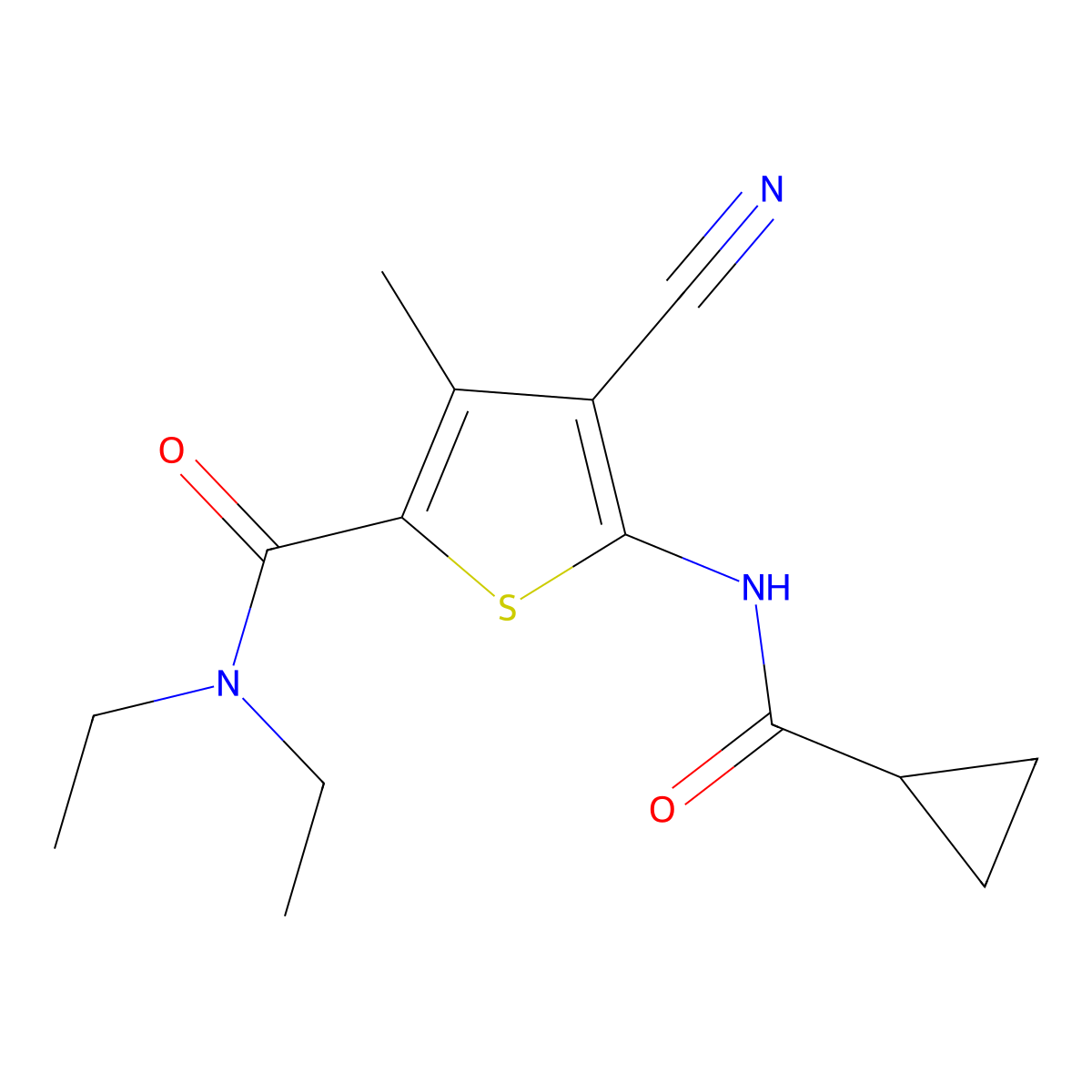 4-cyano-5-[(cyclopropylcarbonyl)amino]-N,N-diethyl-3-methylthiophene-2-carboxamide molecular structure, CAS 438613-93-5