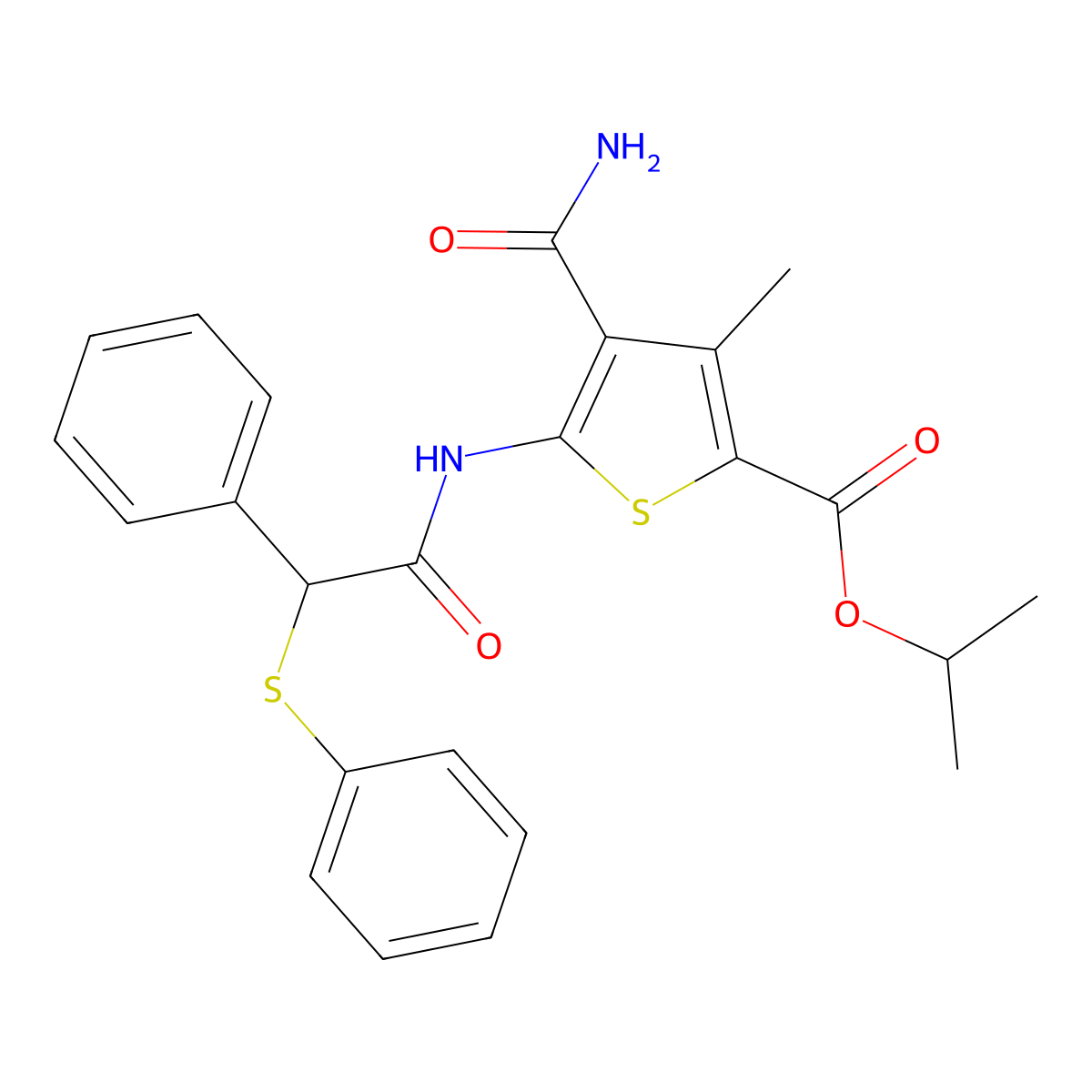 Propan-2-yl 4-carbamoyl-3-methyl-5-{[phenyl(phenylsulfanyl)acetyl]amino}thiophene-2-carboxylate molecular structure, CAS 438614-39-2