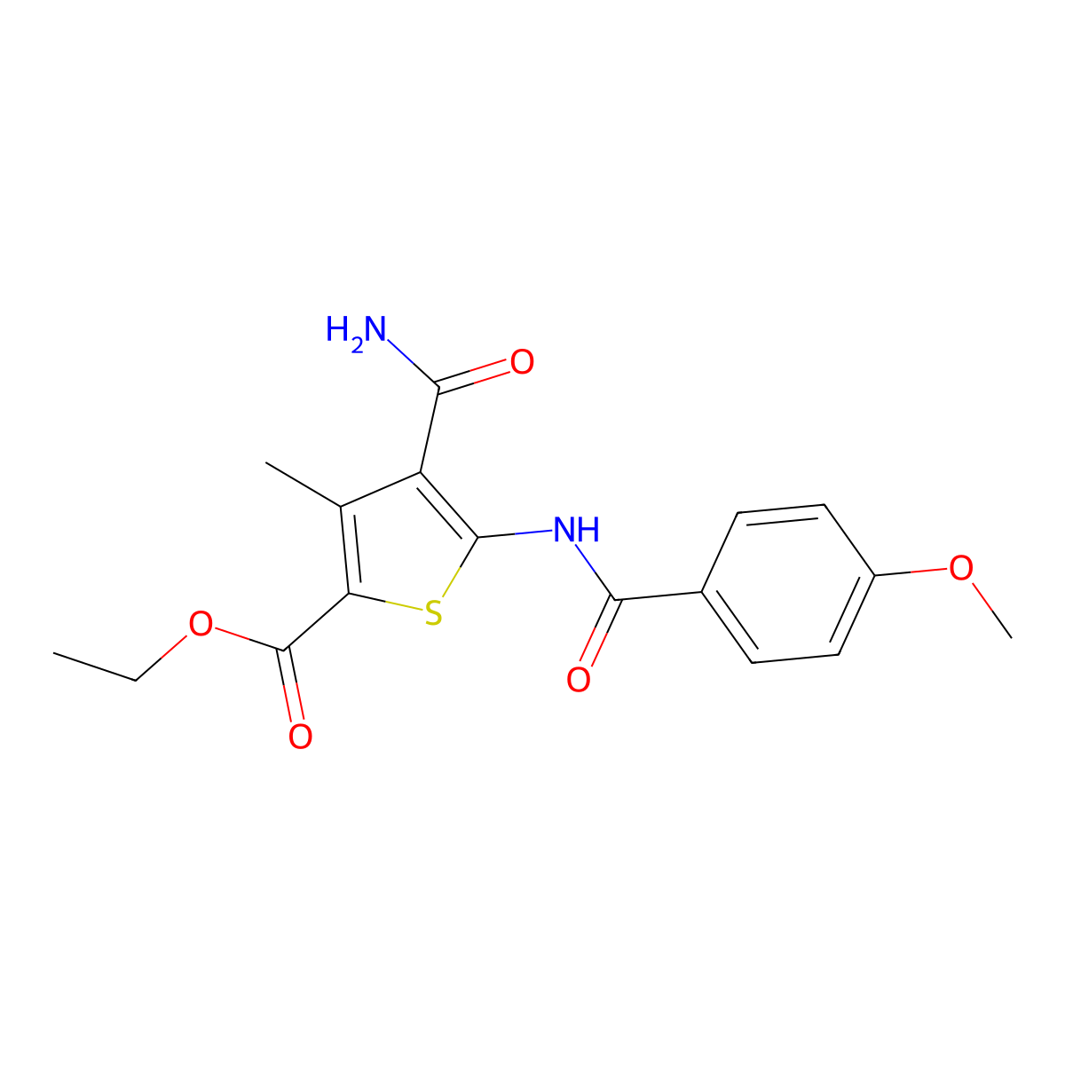 Ethyl 4-carbamoyl-5-[(4-methoxybenzoyl)amino]-3-methylthiophene-2-carboxylate molecular structure, CAS 438614-64-3