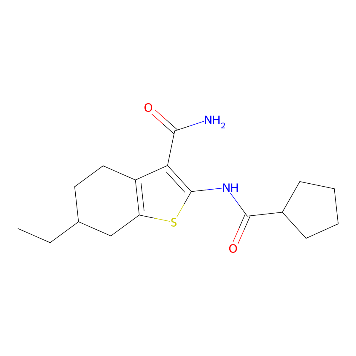 2-[(Cyclopentylcarbonyl)amino]-6-ethyl-4,5,6,7-tetrahydro-1-benzothiophene-3-carboxamide molecular structure, CAS 438615-11-3
