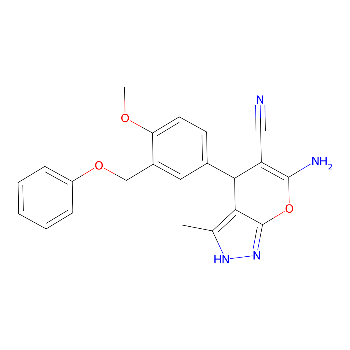6-Amino-4-[4-methoxy-3-(phenoxymethyl)phenyl]-3-methyl-2,4-dihydropyrano[2,3-c]pyrazole-5-carbonitrile molecular structure, CAS 438615-63-5