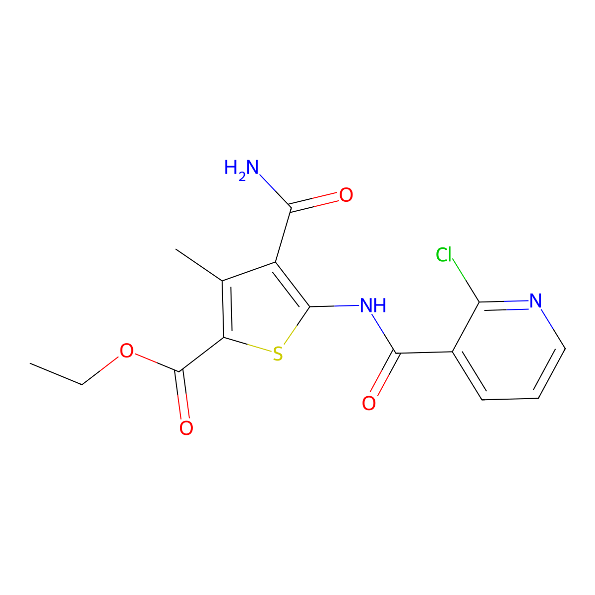 Ethyl 4-carbamoyl-5-[(2-chloropyridine-3-carbonyl)amino]-3-methylthiophene-2-carboxylate molecular structure, CAS 438615-68-0