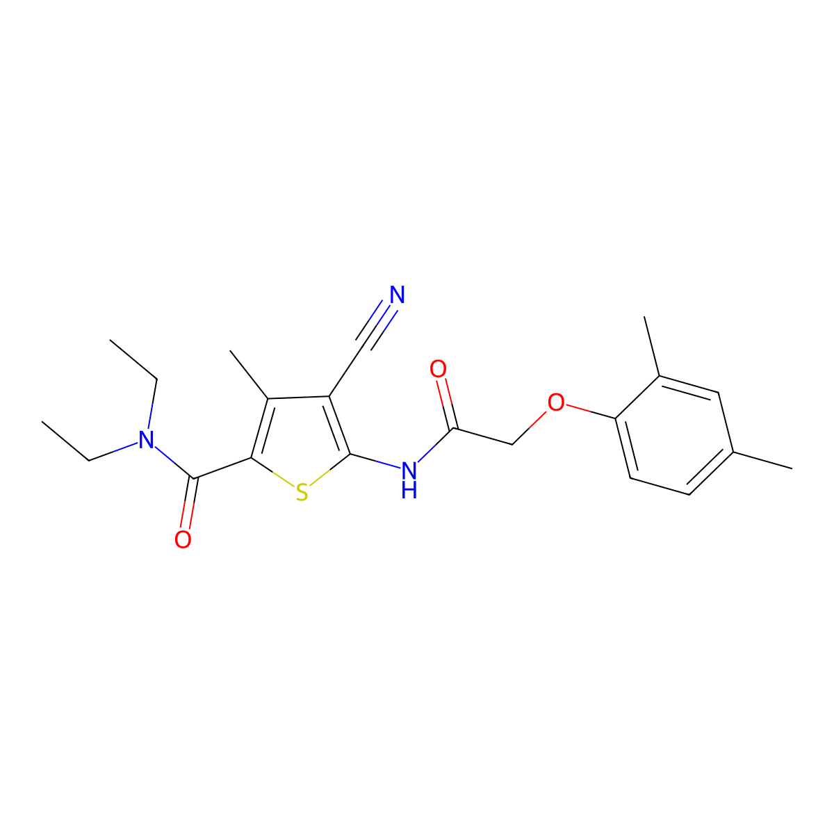 4-cyano-5-[[2-(2,4-dimethylphenoxy)acetyl]amino]-N,N-diethyl-3-methylthiophene-2-carboxamide molecular structure, CAS 438615-93-1
