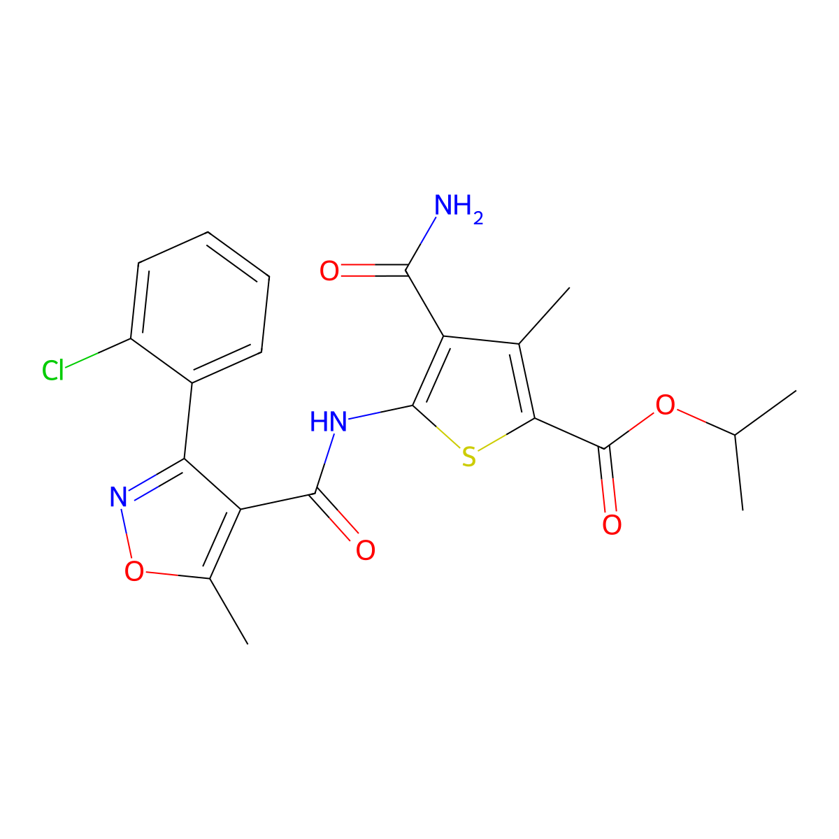 Isopropyl 4-(aminocarbonyl)-5-({[3-(2-chlorophenyl)-5-methyl-4-isoxazolyl]carbonyl}amino)-3-methyl-2-thiophenecarboxylate molecular structure, CAS 438616-13-8