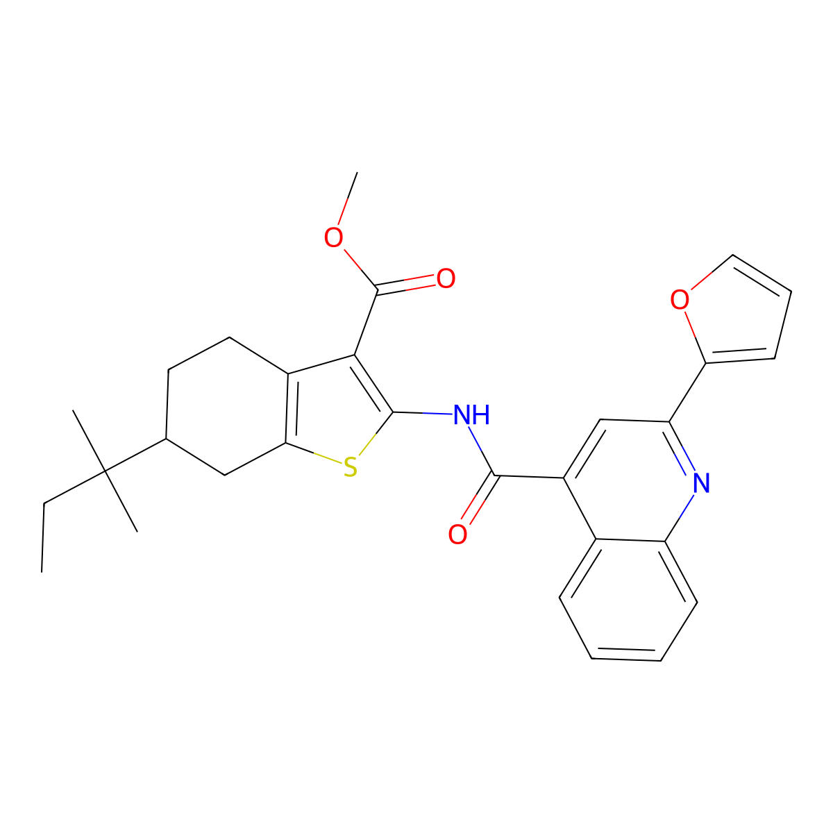 Methyl 2-[[2-(furan-2-yl)quinoline-4-carbonyl]amino]-6-(2-methylbutan-2-yl)-4,5,6,7-tetrahydro-1-benzothiophene-3-carboxylate molecular structure, CAS 438616-88-7