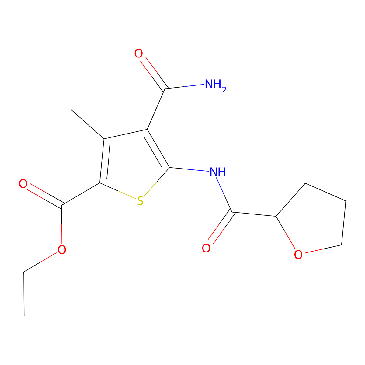 Ethyl 4-carbamoyl-3-methyl-5-[(tetrahydrofuran-2-ylcarbonyl)amino]thiophene-2-carboxylate molecular structure, CAS 438617-31-3