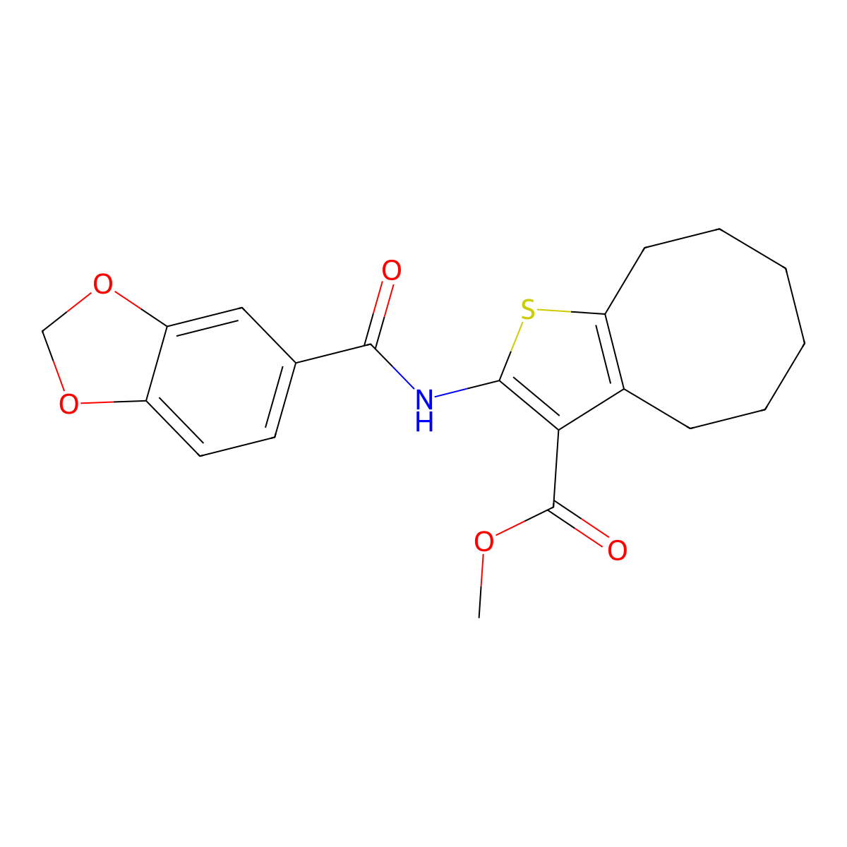 Methyl 2-[(1,3-benzodioxol-5-ylcarbonyl)amino]-4,5,6,7,8,9-hexahydrocycloocta[b]thiophene-3-carboxylate molecular structure, CAS 438617-89-1
