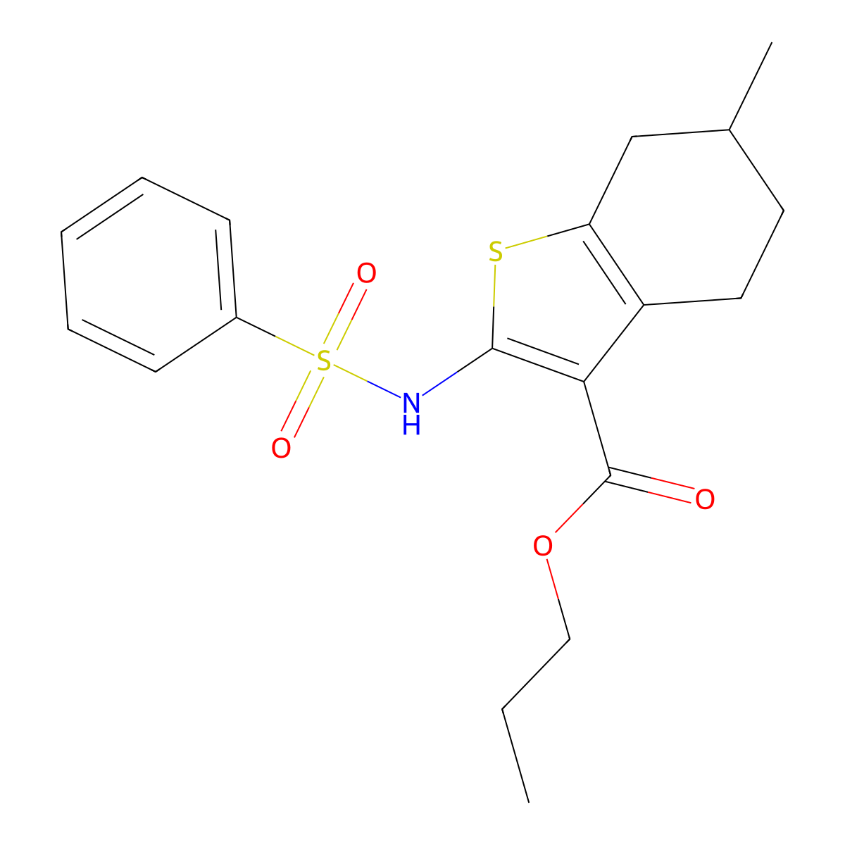 Propyl 6-methyl-2-[(phenylsulfonyl)amino]-4,5,6,7-tetrahydro-1-benzothiophene-3-carboxylate molecular structure, CAS 438618-67-8