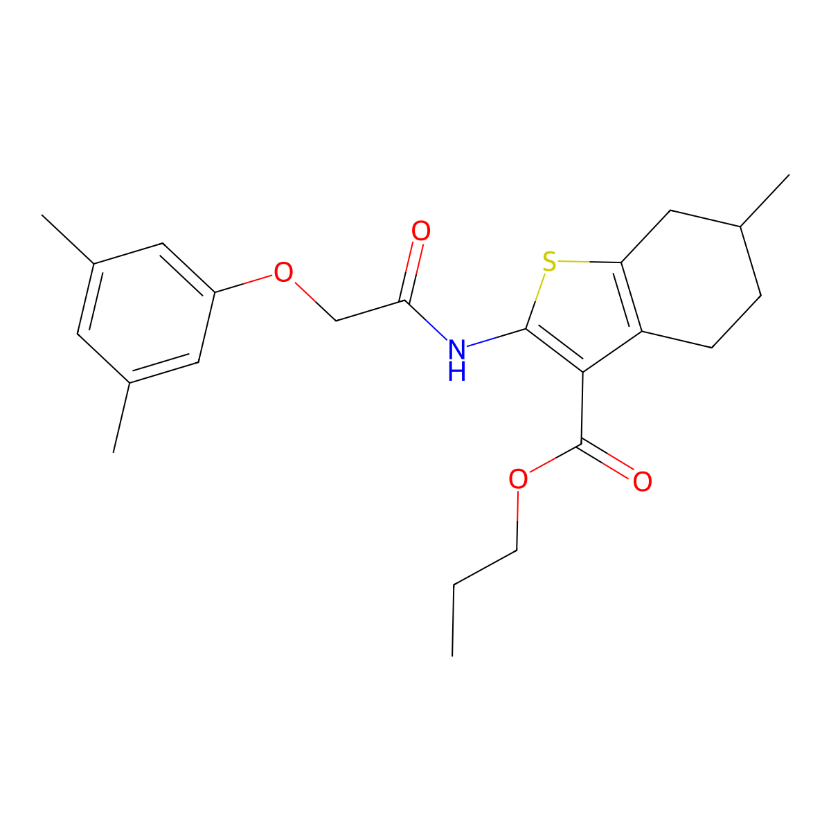 Propyl 2-{[(3,5-dimethylphenoxy)acetyl]amino}-6-methyl-4,5,6,7-tetrahydro-1-benzothiophene-3-carboxylate molecular structure, CAS 438618-69-0