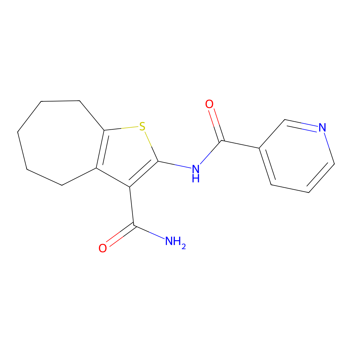 N-(3-carbamoyl-5,6,7,8-tetrahydro-4H-cyclohepta[b]thiophen-2-yl)pyridine-3-carboxamide molecular structure, CAS 438619-02-4