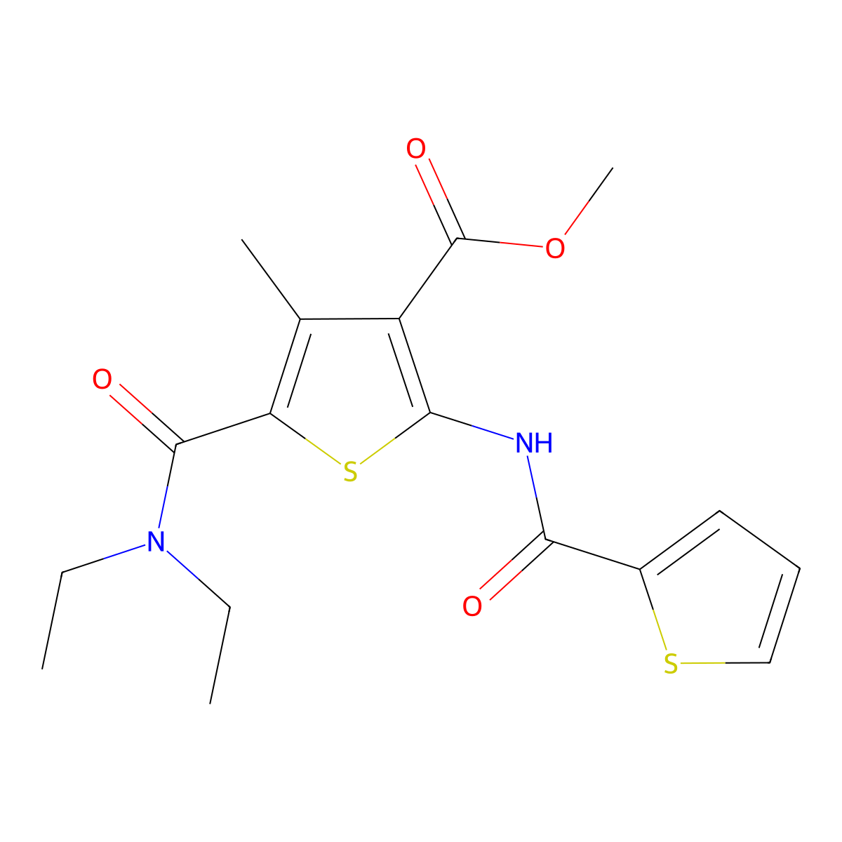 Methyl 5-(diethylcarbamoyl)-4-methyl-2-(thiophene-2-carboxamido)thiophene-3-carboxylate molecular structure, CAS 438619-11-5