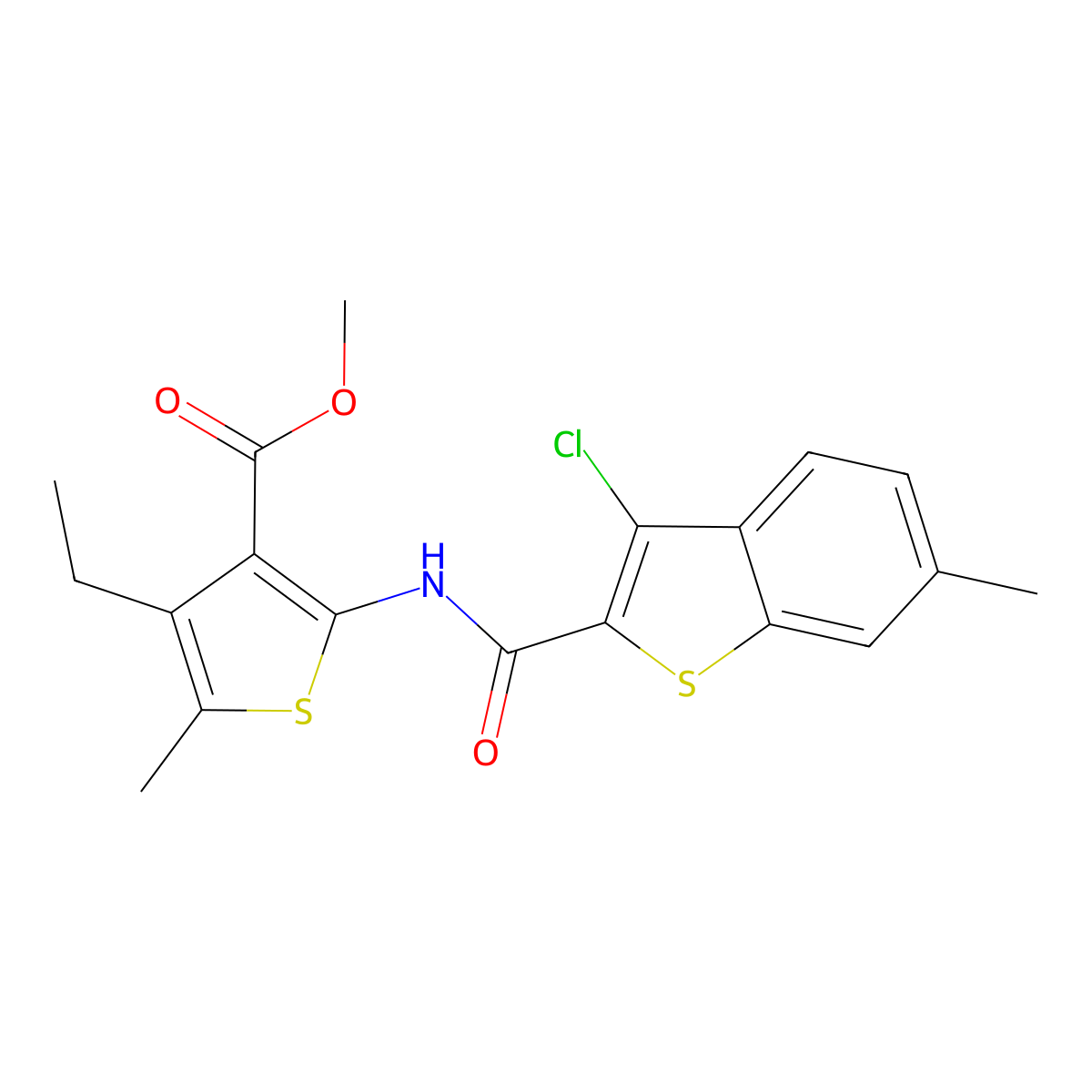 Methyl 2-[(3-chloro-6-methyl-1-benzothiophene-2-carbonyl)amino]-4-ethyl-5-methylthiophene-3-carboxylate molecular structure, CAS 438619-17-1