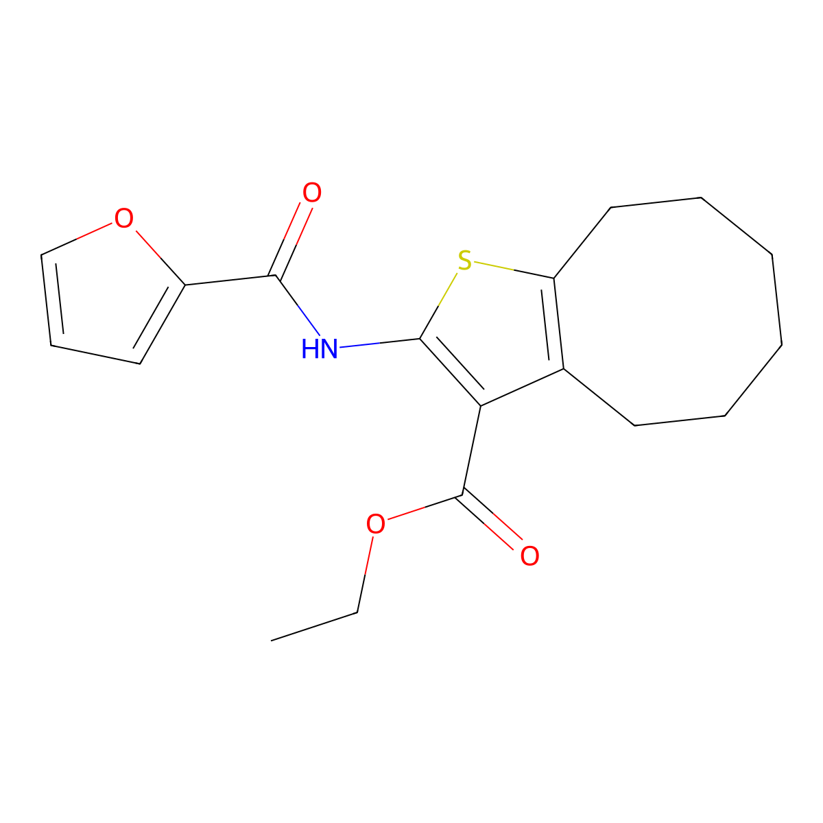 Ethyl 2-(furan-2-carbonylamino)-4,5,6,7,8,9-hexahydrocycloocta[b]thiophene-3-carboxylate molecular structure, CAS 438619-20-6