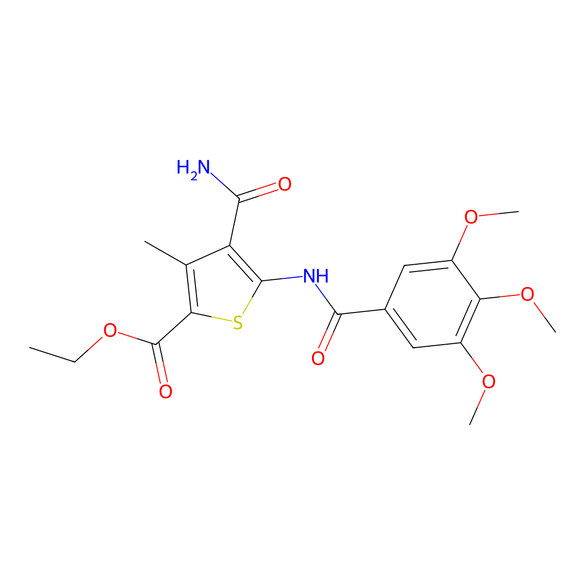 Ethyl 4-carbamoyl-3-methyl-5-[(3,4,5-trimethoxybenzoyl)amino]thiophene-2-carboxylate molecular structure, CAS 438619-24-0
