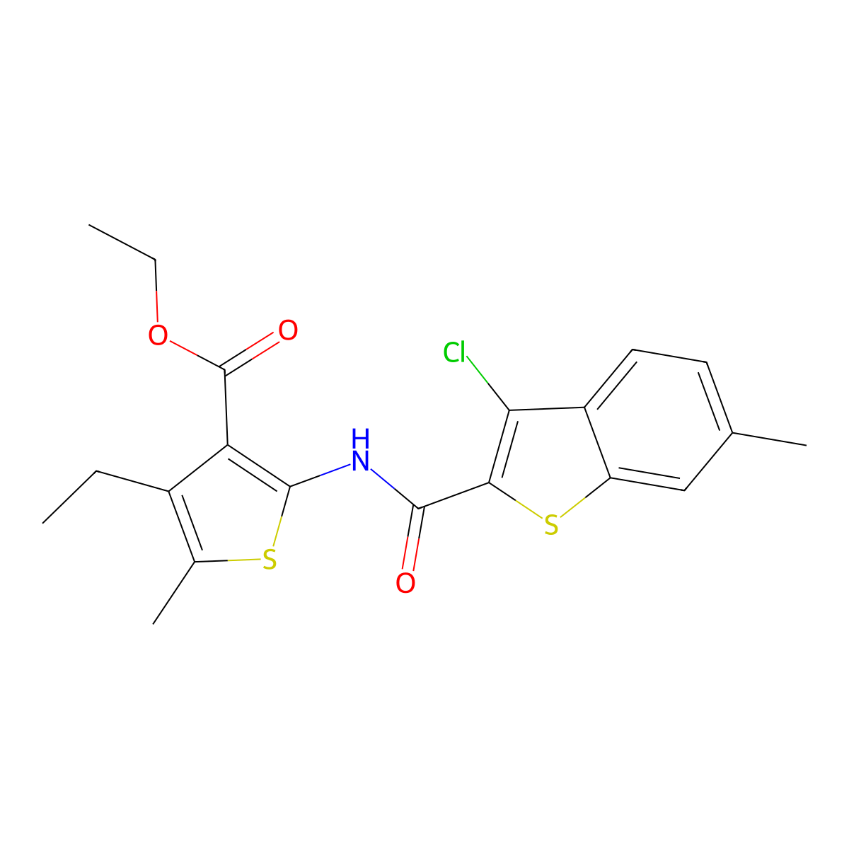 Ethyl 2-[(3-chloro-6-methyl-1-benzothiophene-2-carbonyl)amino]-4-ethyl-5-methylthiophene-3-carboxylate molecular structure, CAS 438619-25-1