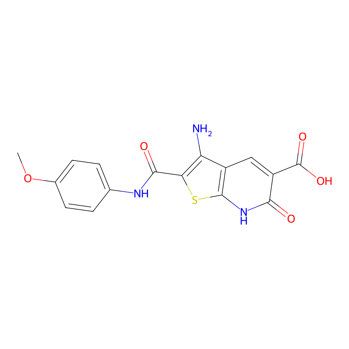 3-amino-2-[(4-methoxyphenyl)carbamoyl]-6-oxo-7H-thieno[2,3-b]pyridine-5-carboxylic acid molecular structure, CAS 438622-93-6