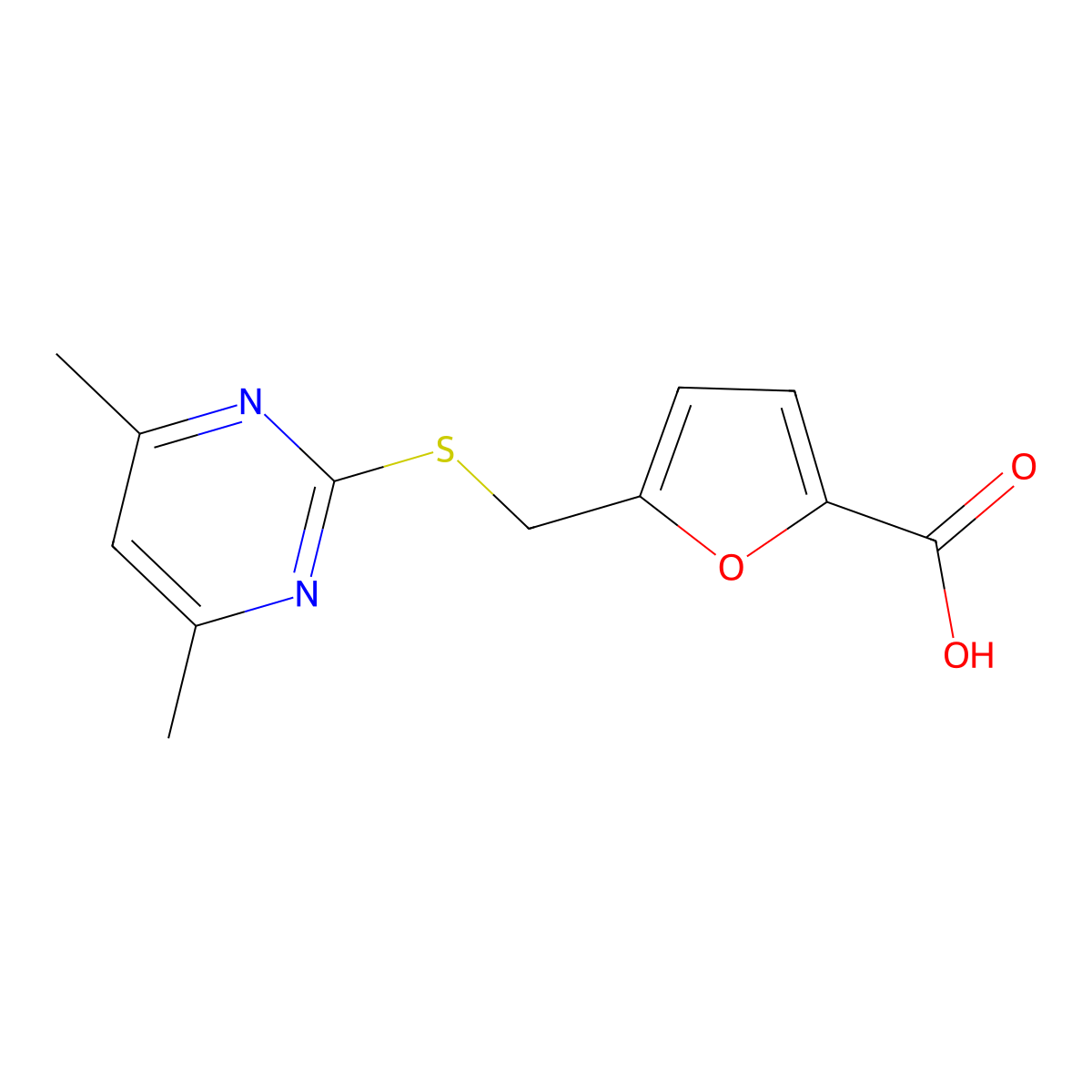 5-(4,6-Dimethyl-pyrimidin-2-ylsulfanylmethyl)-furan-2-carboxylic acid molecular structure, CAS 438622-94-7