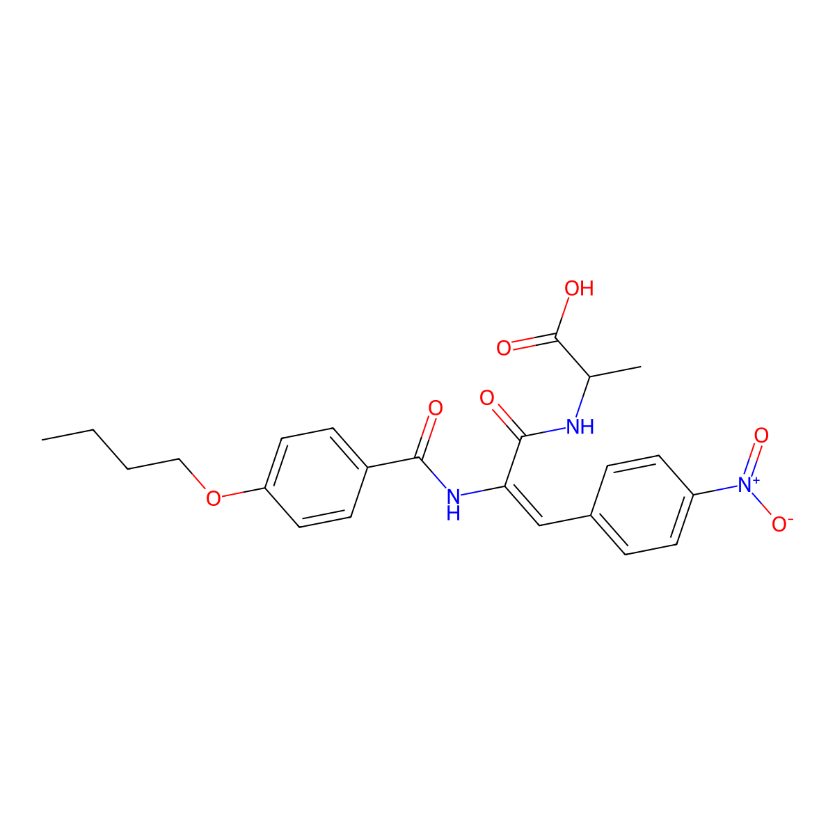 2-[[2-[(4-butoxybenzoyl)amino]-3-(4-nitrophenyl)prop-2-enoyl]amino]propanoic Acid molecular structure, CAS 4388-68-5