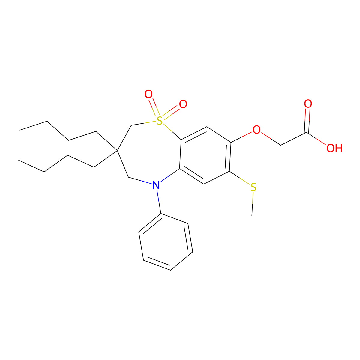 2-((3,3-Dibutyl-7-(methylthio)-1,1-dioxido-5-phenyl-2,3,4,5-tetrahydrobenzo[b][1,4]thiazepin-8-yl)oxy)acetic acid molecular structure, CAS 439088-13-8