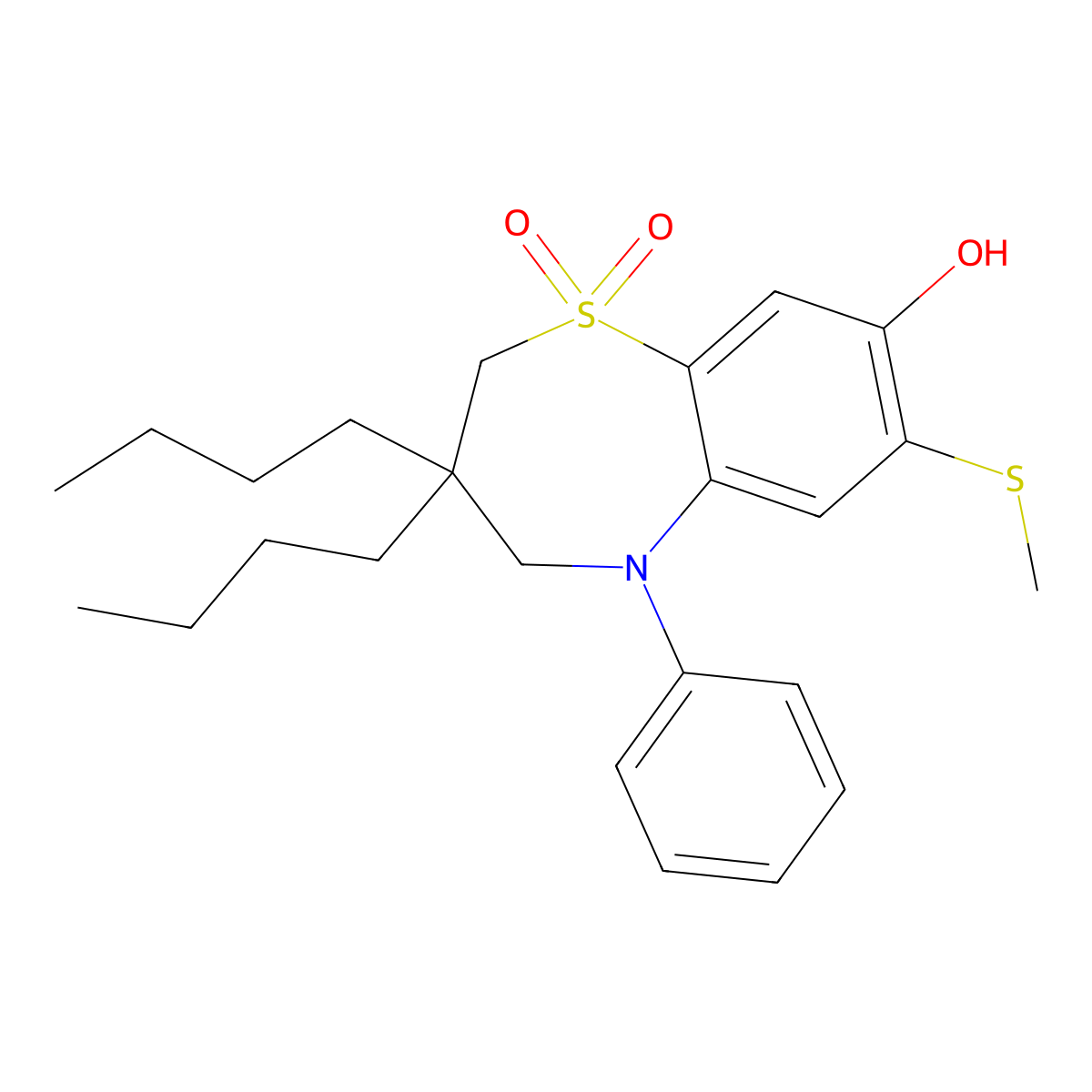 3,3-Dibutyl-8-hydroxy-7-(methylthio)-5-phenyl-2,3,4,5-tetrahydrobenzo[b][1,4]thiazepine 1,1-dioxide molecular structure, CAS 439088-16-1