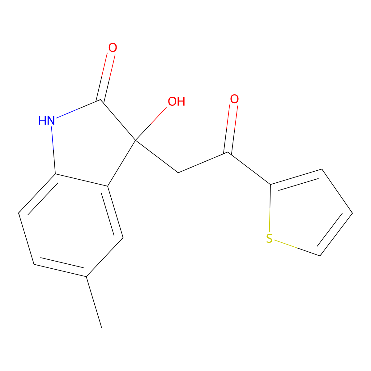 3-hydroxy-5-methyl-3-[2-oxo-2-(thiophen-2-yl)ethyl]-2,3-dihydro-1H-indol-2-one molecular structure, CAS 439091-18-6