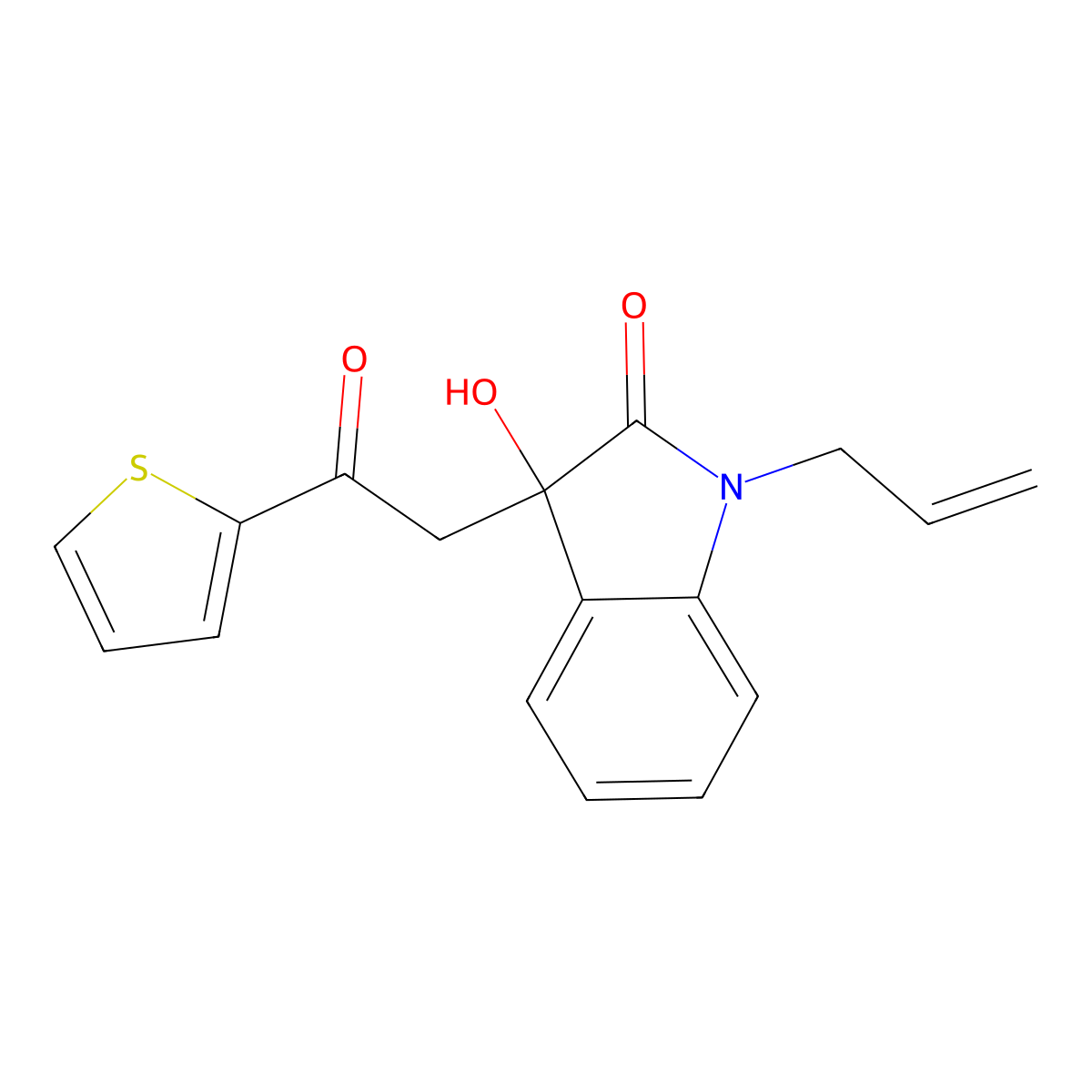 3-hydroxy-3-[2-oxo-2-(thiophen-2-yl)ethyl]-1-(prop-2-en-1-yl)-1,3-dihydro-2H-indol-2-one molecular structure, CAS 439091-24-4