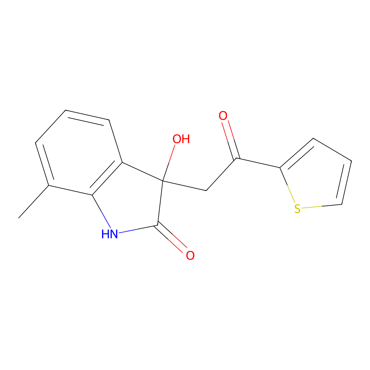 3-hydroxy-7-methyl-3-[2-oxo-2-(thiophen-2-yl)ethyl]-1,3-dihydro-2H-indol-2-one molecular structure, CAS 439093-36-4