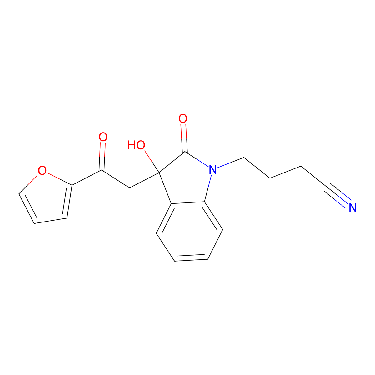 4-[3-[2-(Furan-2-yl)-2-oxoethyl]-3-hydroxy-2-oxoindol-1-yl]butanenitrile molecular structure, CAS 439093-48-8