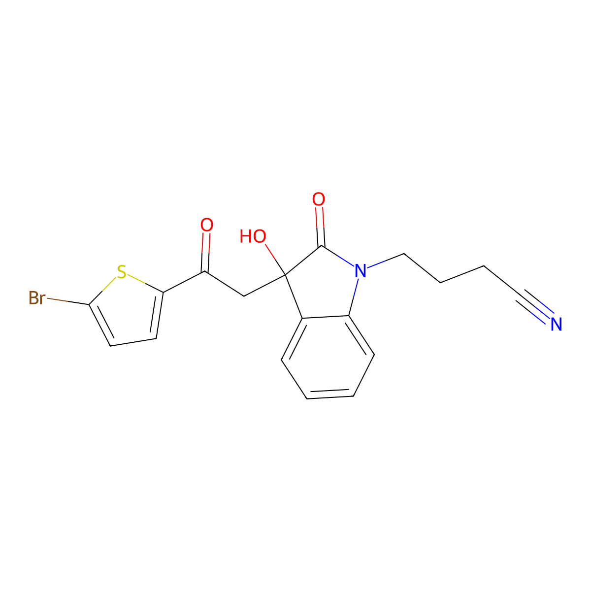 4-{3-[2-(5-bromothiophen-2-yl)-2-oxoethyl]-3-hydroxy-2-oxo-2,3-dihydro-1H-indol-1-yl}butanenitrile molecular structure, CAS 439093-52-4