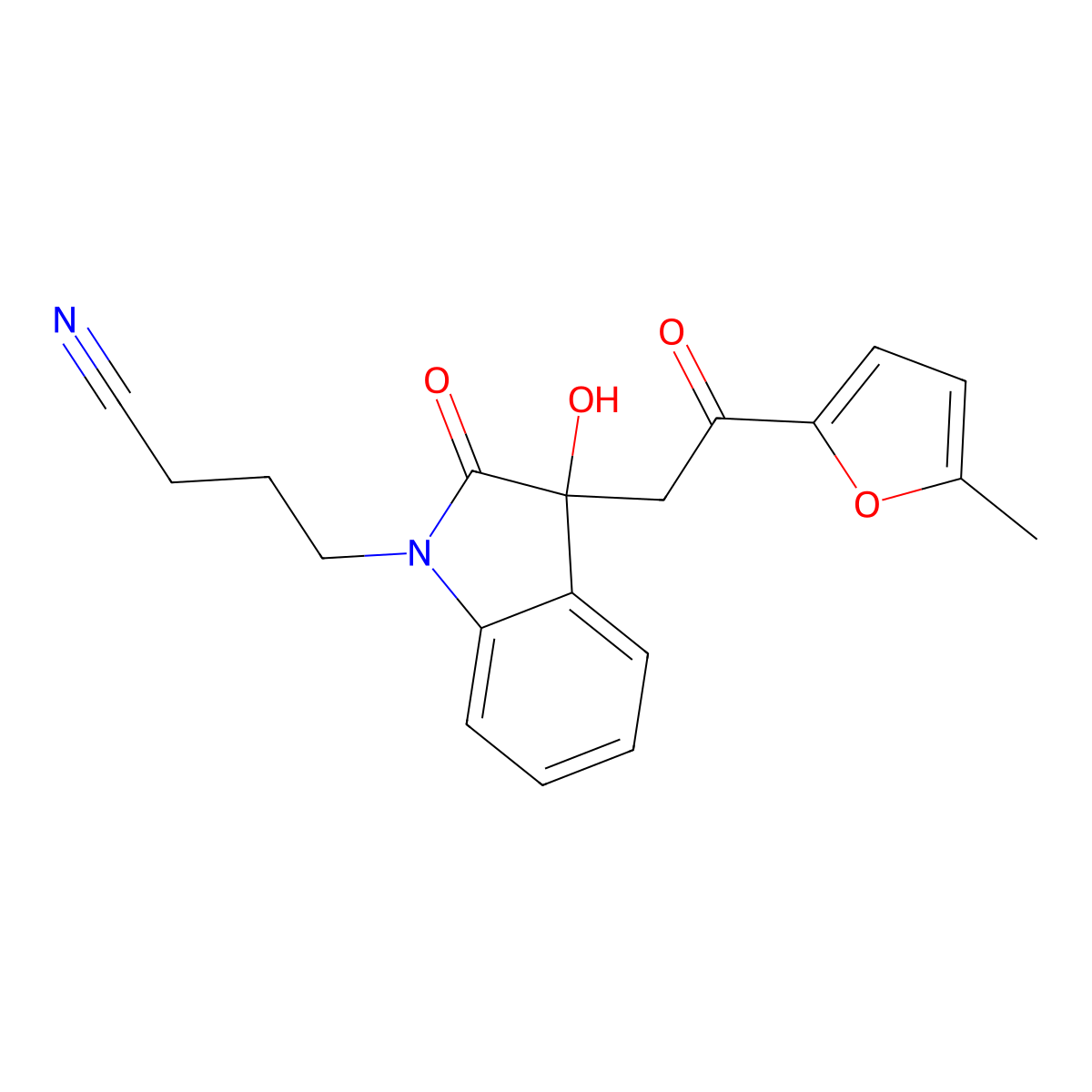 4-{3-hydroxy-3-[2-(5-methylfuran-2-yl)-2-oxoethyl]-2-oxo-2,3-dihydro-1H-indol-1-yl}butanenitrile molecular structure, CAS 439093-54-6