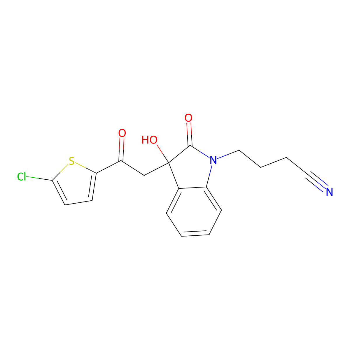 4-[3-[2-(5-Chlorothiophen-2-yl)-2-oxoethyl]-3-hydroxy-2-oxoindol-1-yl]butanenitrile molecular structure, CAS 439093-58-0