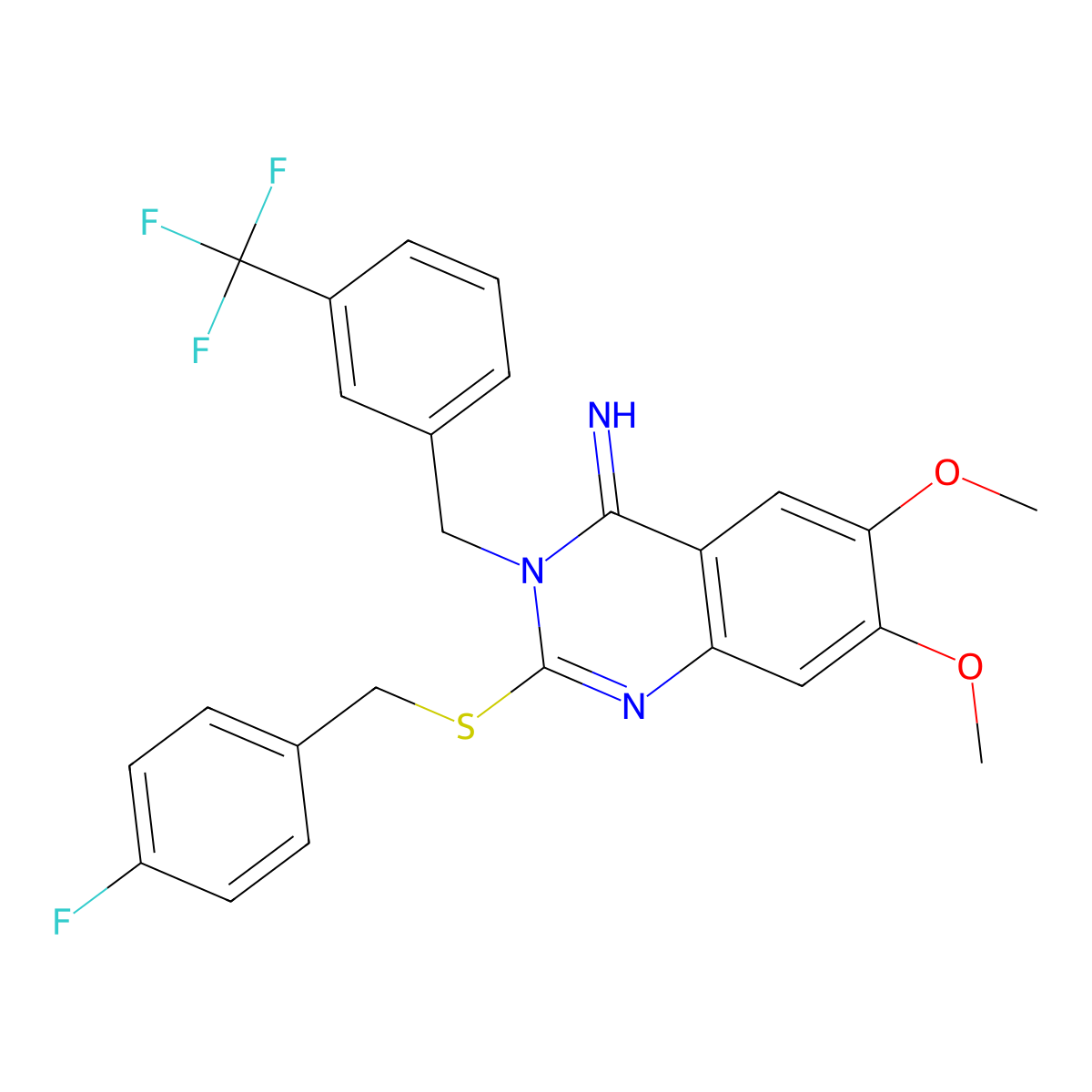 2-[(4-fluorobenzyl)sulfanyl]-6,7-dimethoxy-3-[3-(trifluoromethyl)benzyl]-4(3H)-quinazolinimine molecular structure, CAS 439093-89-7